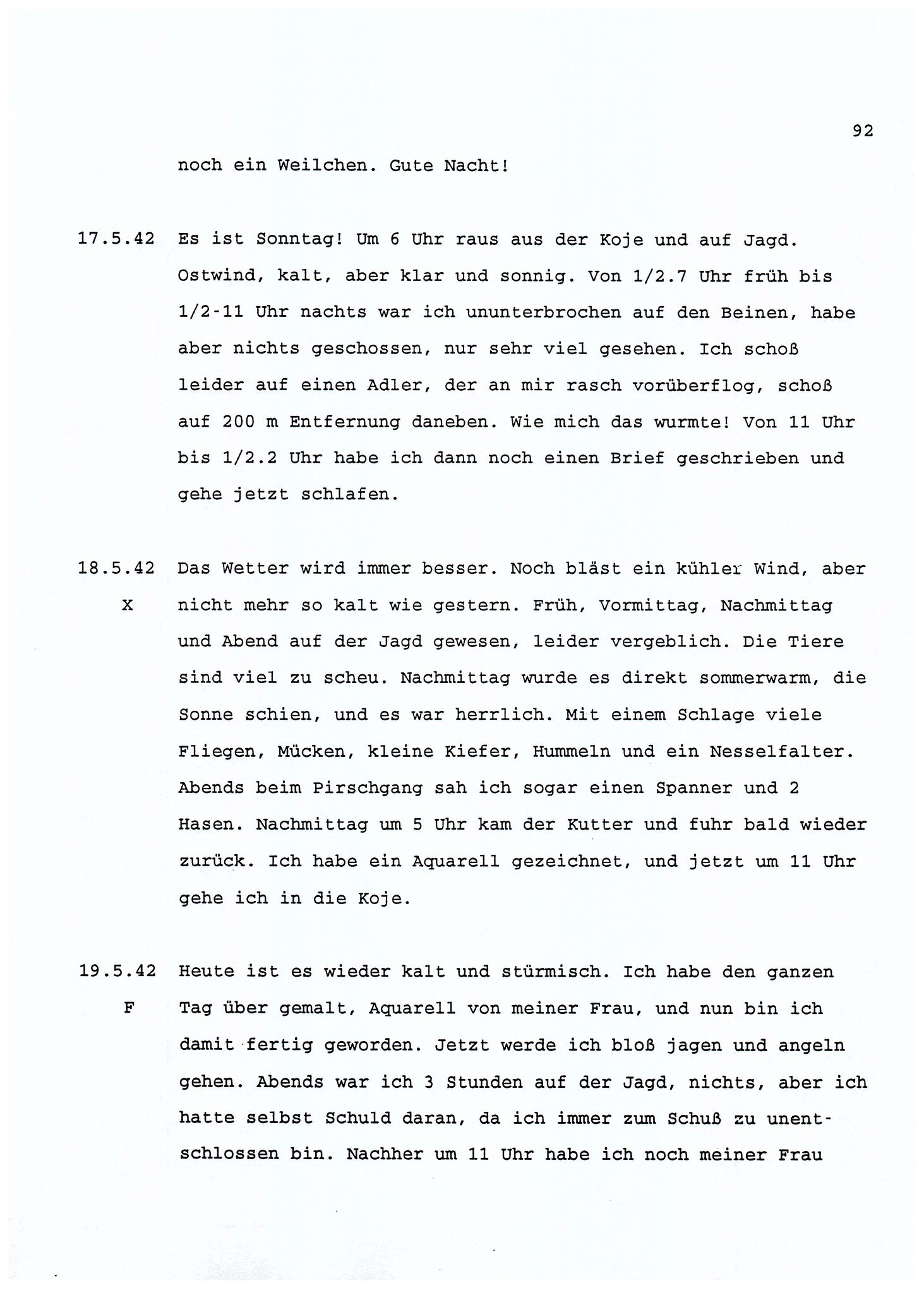 Dagbokopptegnelser av en tysk marineoffiser stasjonert i Norge , FMFB/A-1160/F/L0001: Dagbokopptegnelser av en tysk marineoffiser stasjonert i Norge, 1941-1944, s. 92