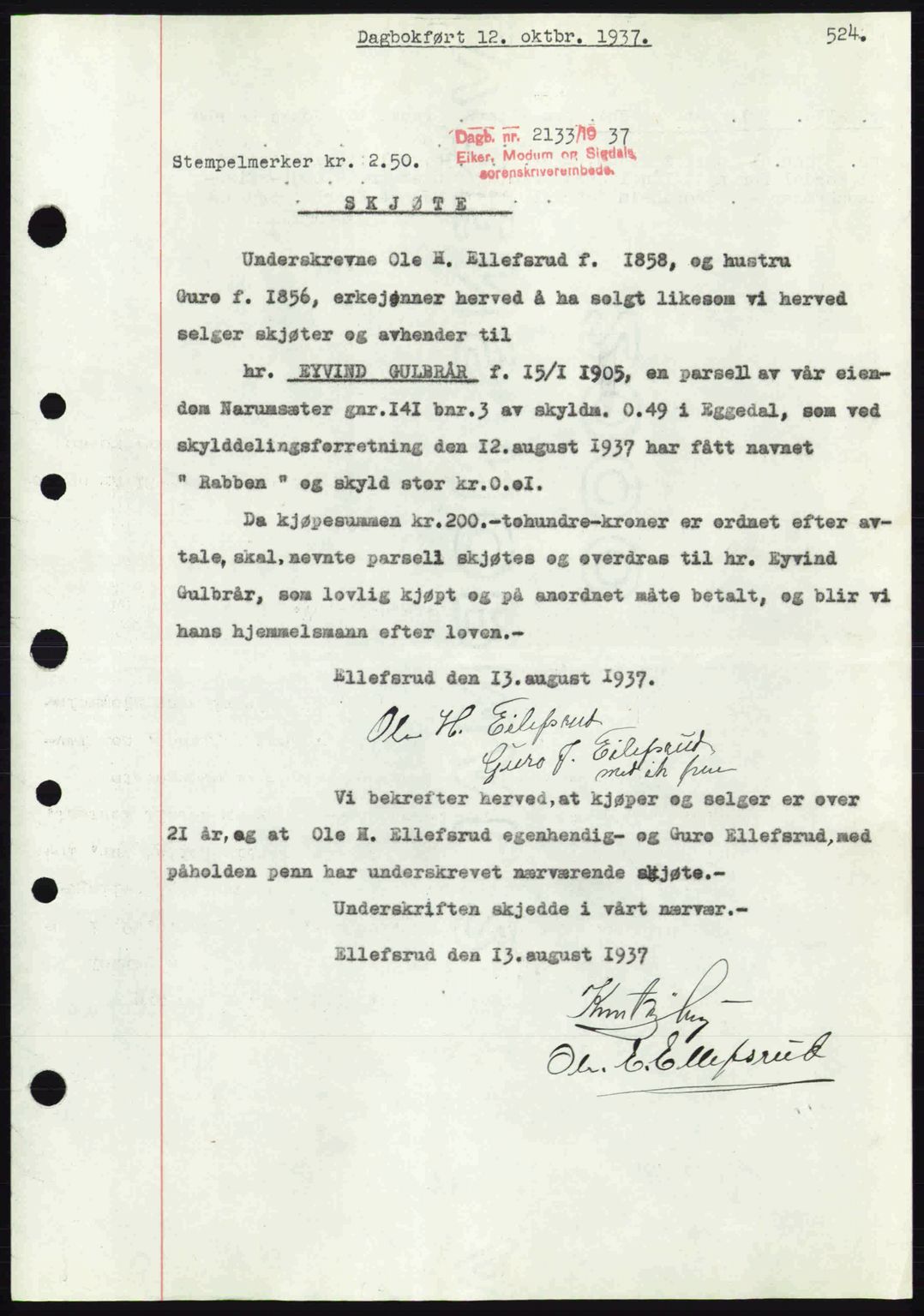 Eiker, Modum og Sigdal sorenskriveri, SAKO/A-123/G/Ga/Gab/L0036: Pantebok nr. A6, 1937-1937, Dagboknr: 2133/1937