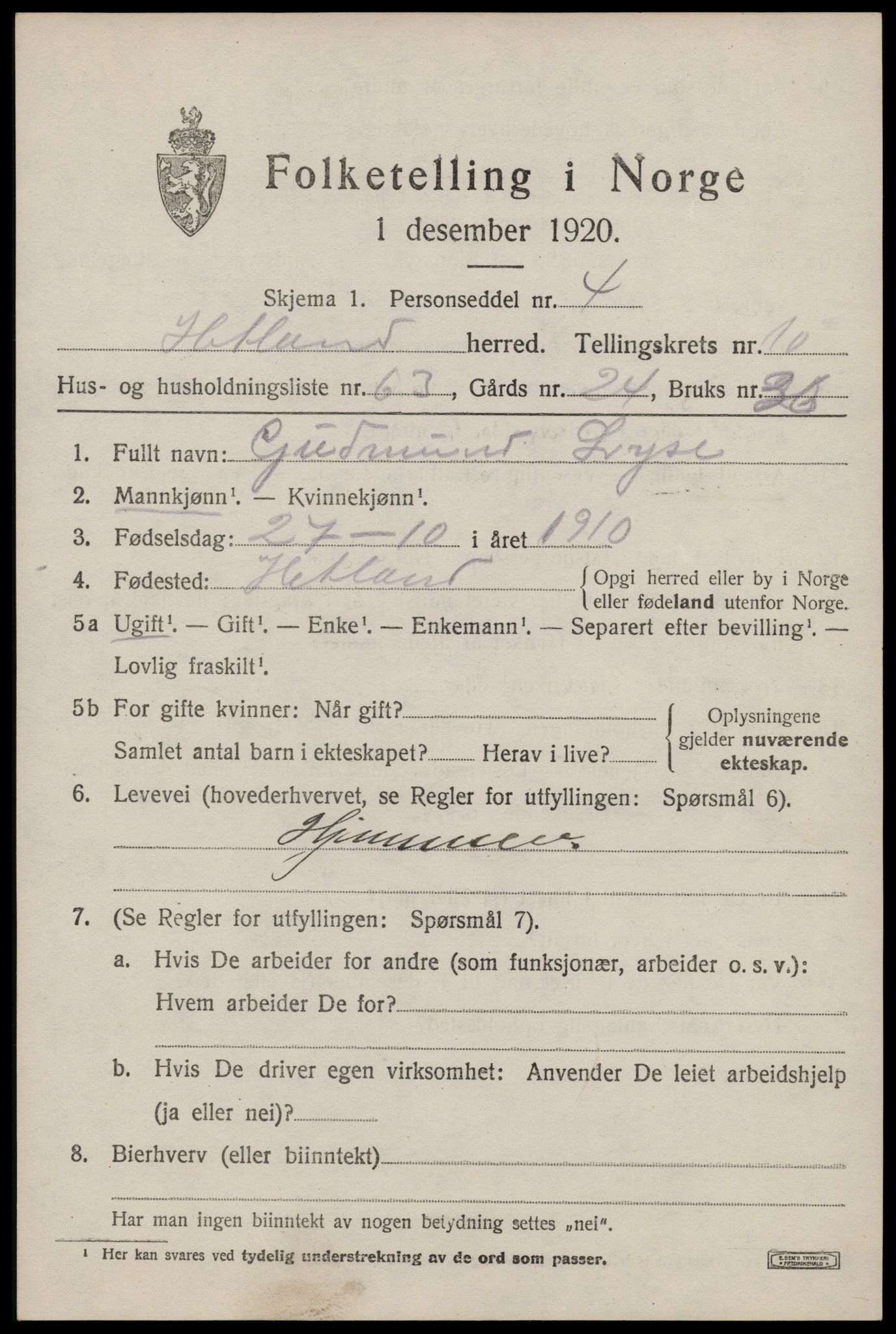 SAST, Folketelling 1920 for 1126 Hetland herred, 1920, s. 19805