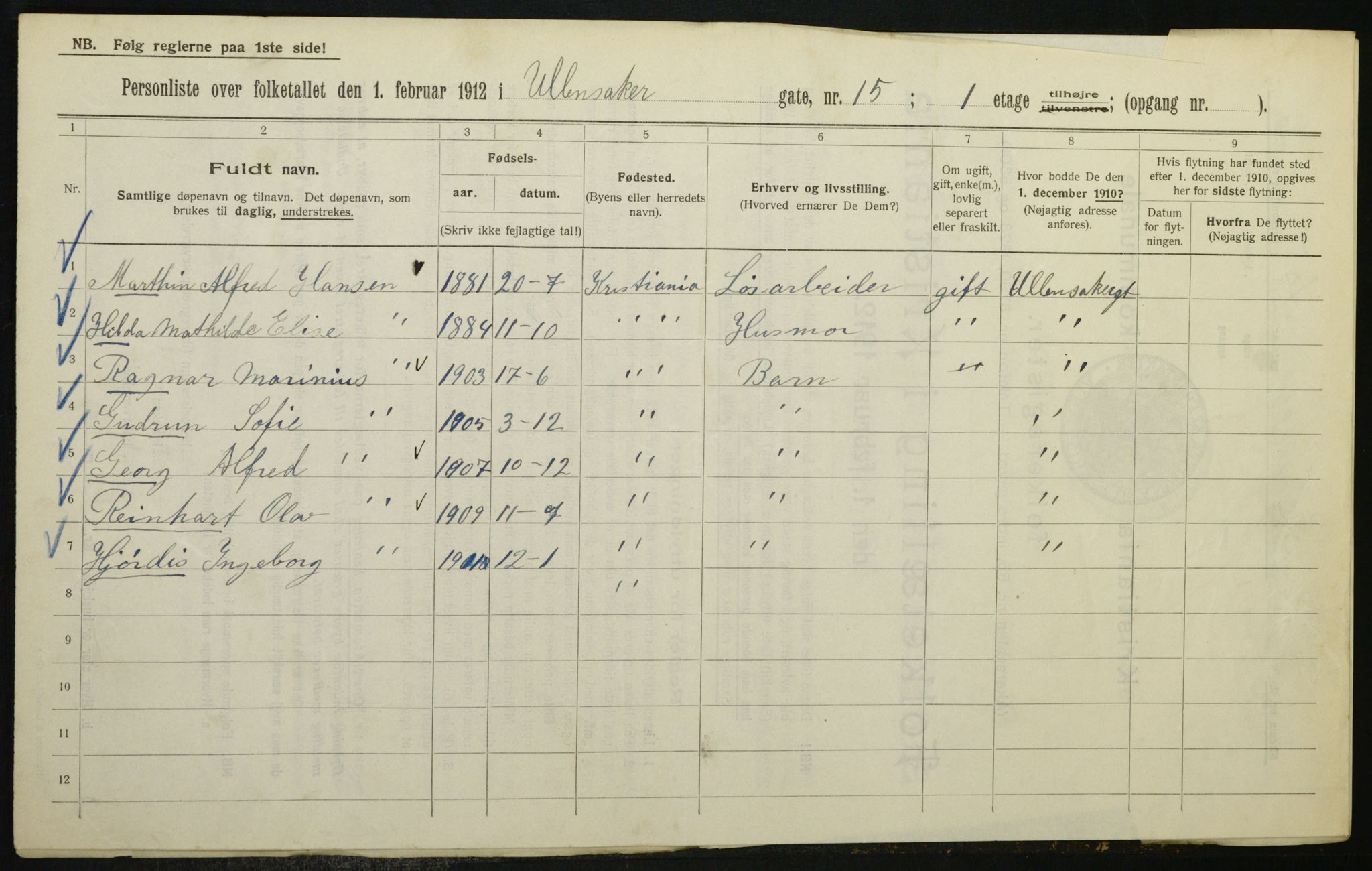 OBA, Kommunal folketelling 1.2.1912 for Kristiania, 1912, s. 118831