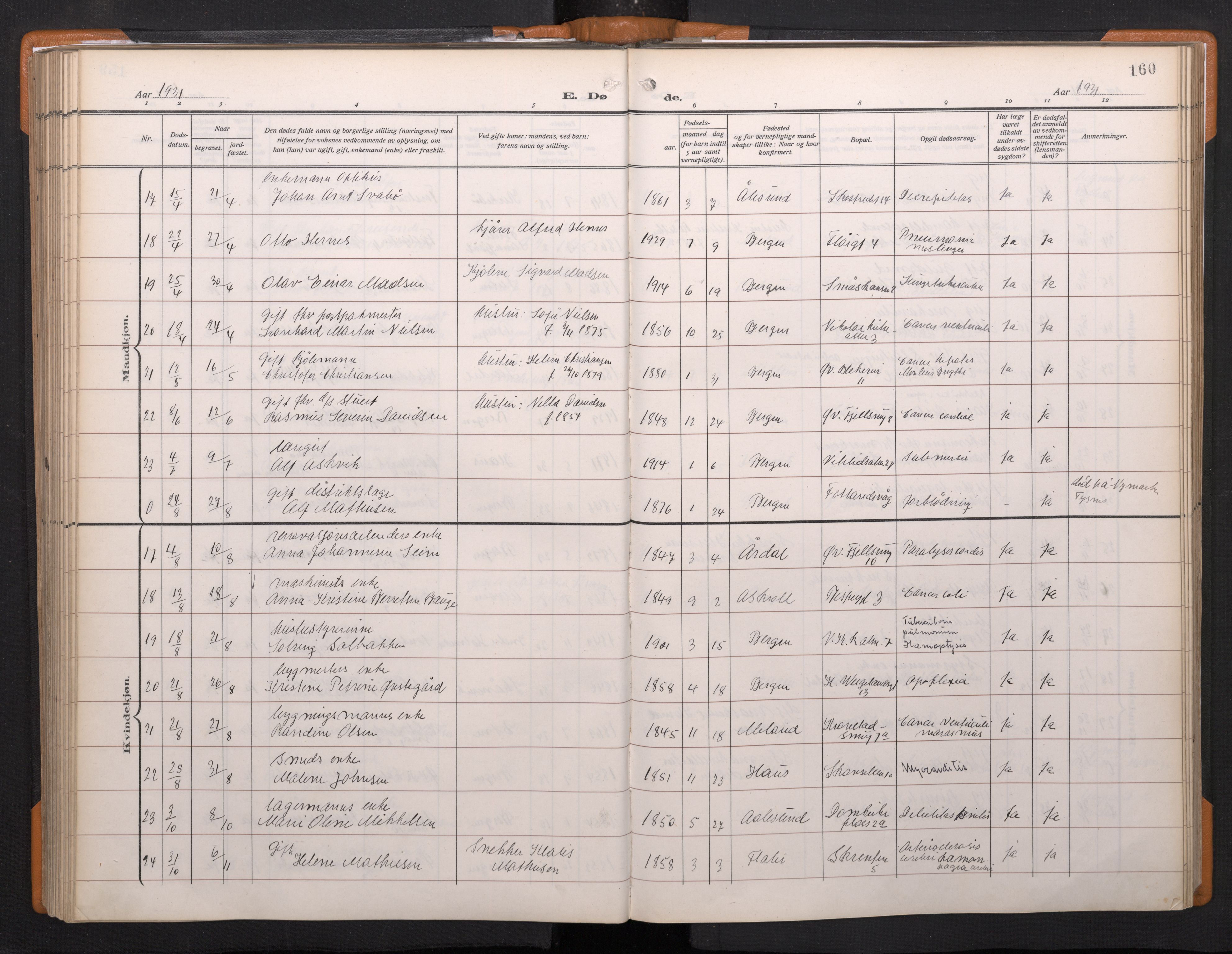 Korskirken sokneprestembete, AV/SAB-A-76101/H/Haa/L0048: Ministerialbok nr. E 6, 1910-1960, s. 159b-160a