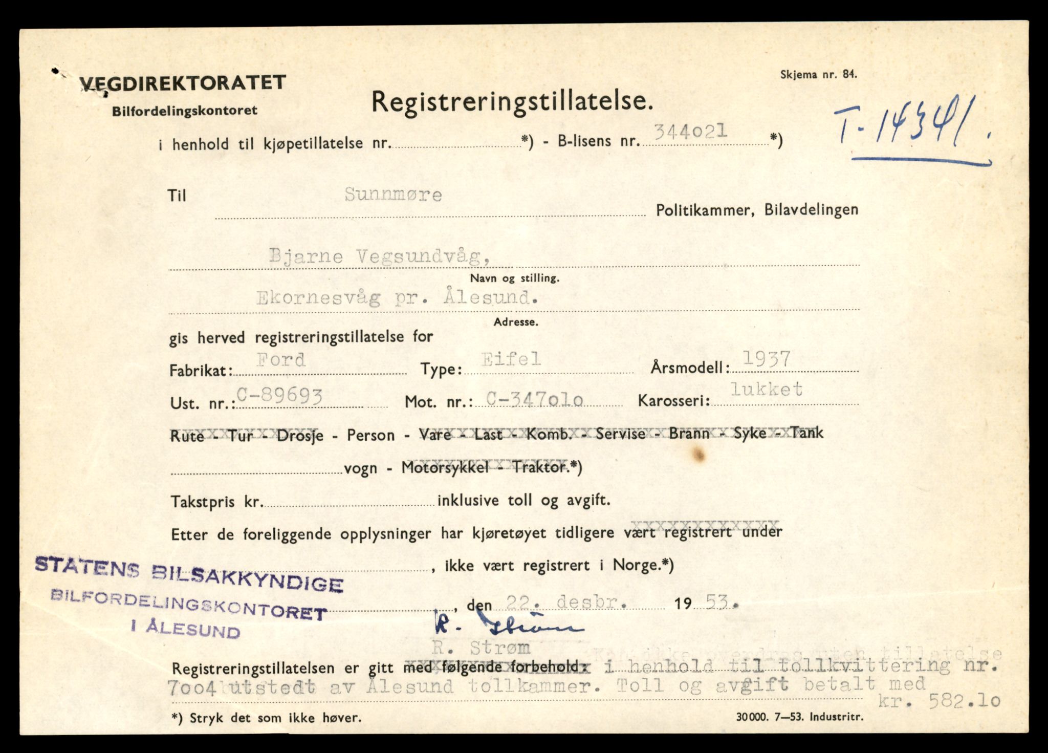 Møre og Romsdal vegkontor - Ålesund trafikkstasjon, AV/SAT-A-4099/F/Fe/L0045: Registreringskort for kjøretøy T 14320 - T 14444, 1927-1998, s. 549