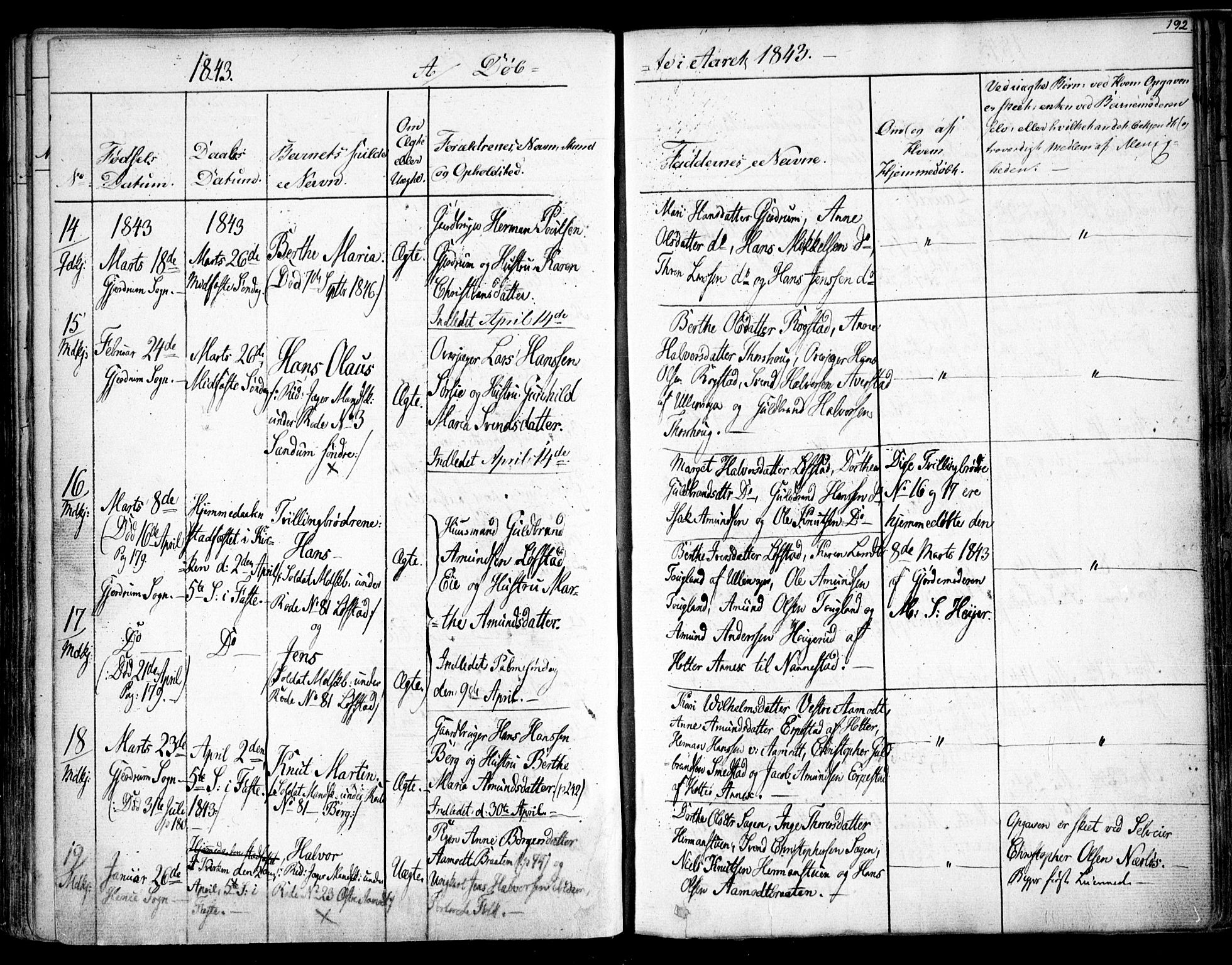 Gjerdrum prestekontor Kirkebøker, AV/SAO-A-10412b/F/Fa/L0005: Ministerialbok nr. I 5, 1835-1845, s. 192