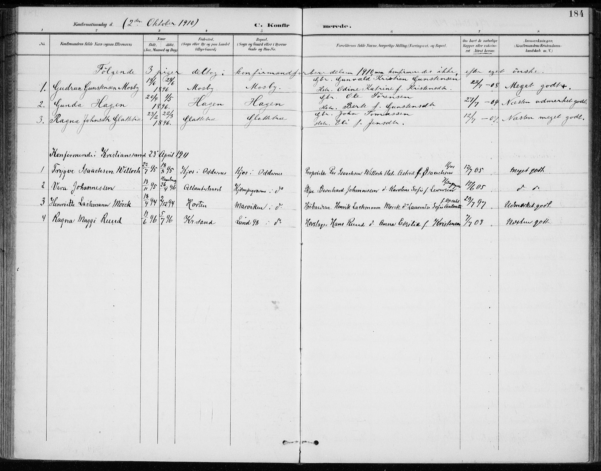 Oddernes sokneprestkontor, SAK/1111-0033/F/Fa/Faa/L0010: Ministerialbok nr. A 10, 1897-1911, s. 184