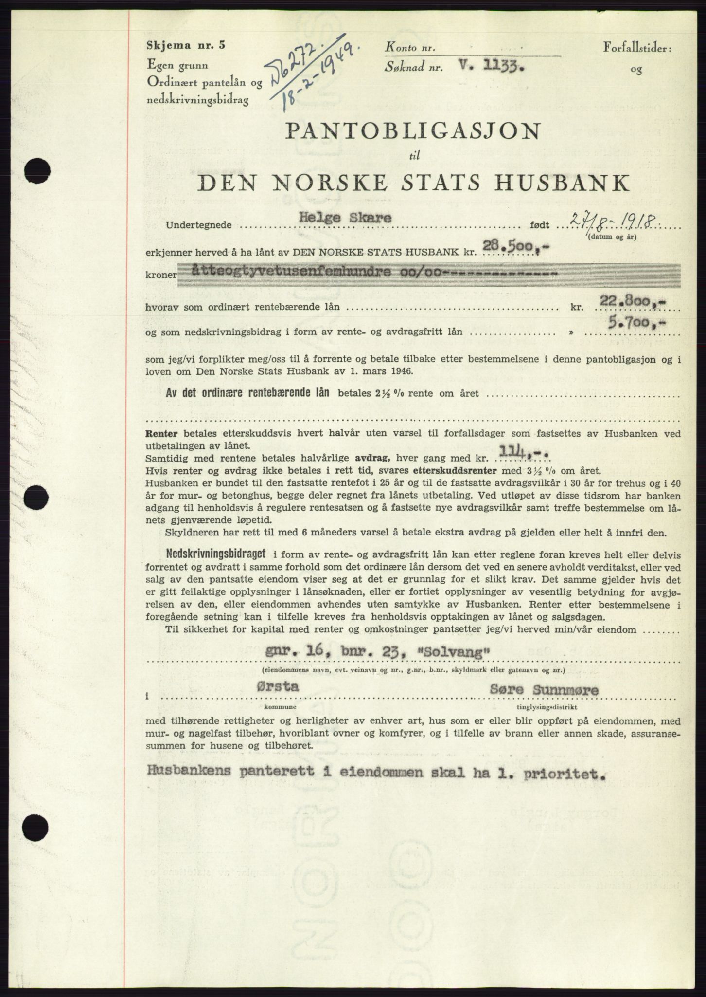 Søre Sunnmøre sorenskriveri, SAT/A-4122/1/2/2C/L0116: Pantebok nr. 4B, 1948-1949, Dagboknr: 272/1949