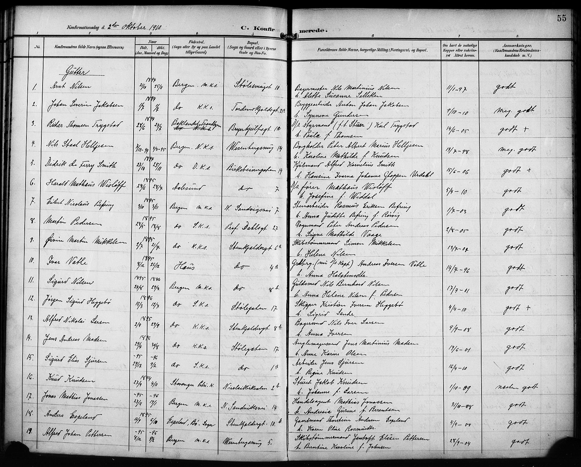 Mariakirken Sokneprestembete, AV/SAB-A-76901/H/Hab/L0009: Klokkerbok nr. A 9, 1901-1919, s. 55