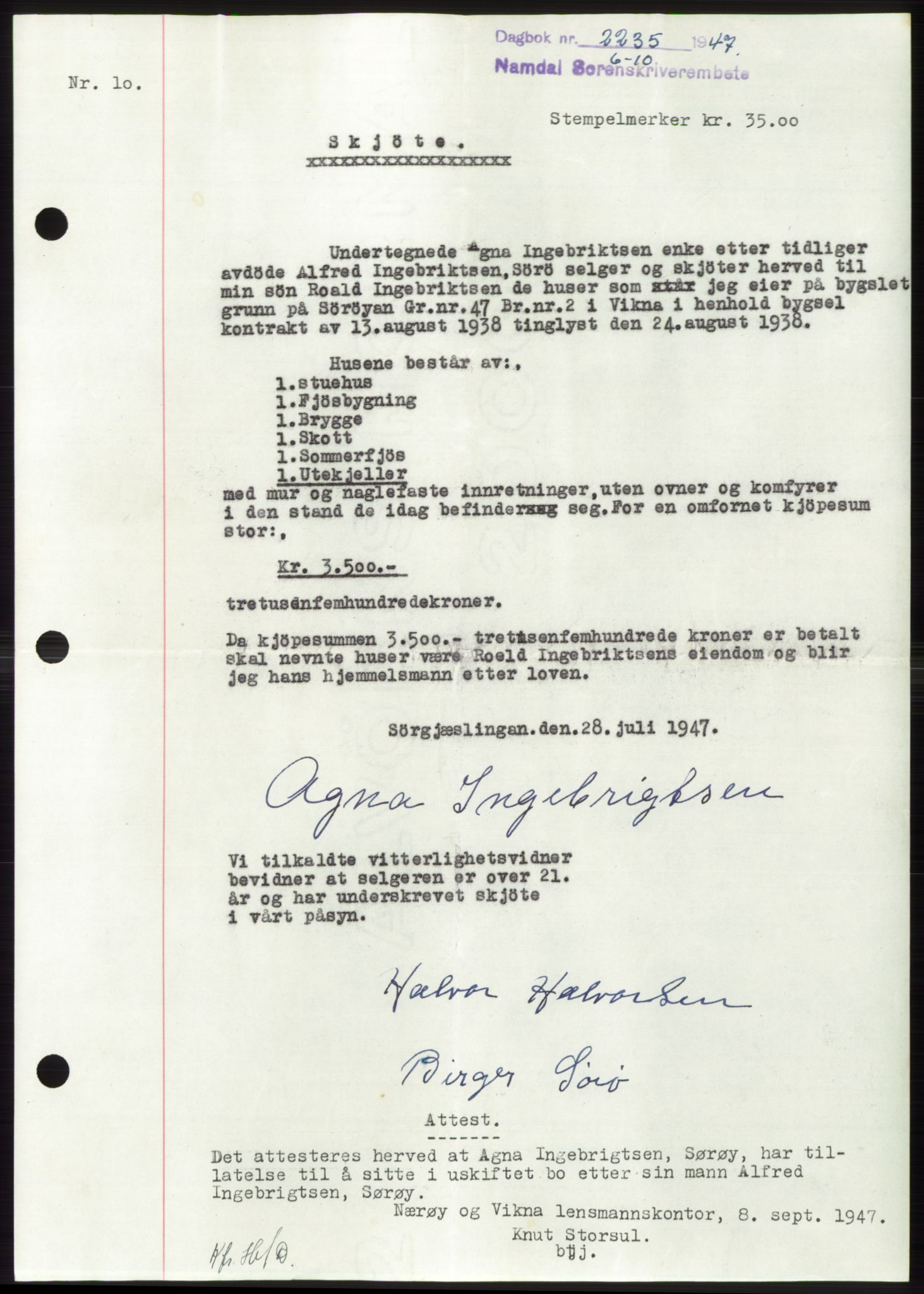 Namdal sorenskriveri, SAT/A-4133/1/2/2C: Pantebok nr. -, 1947-1947, Dagboknr: 2235/1947