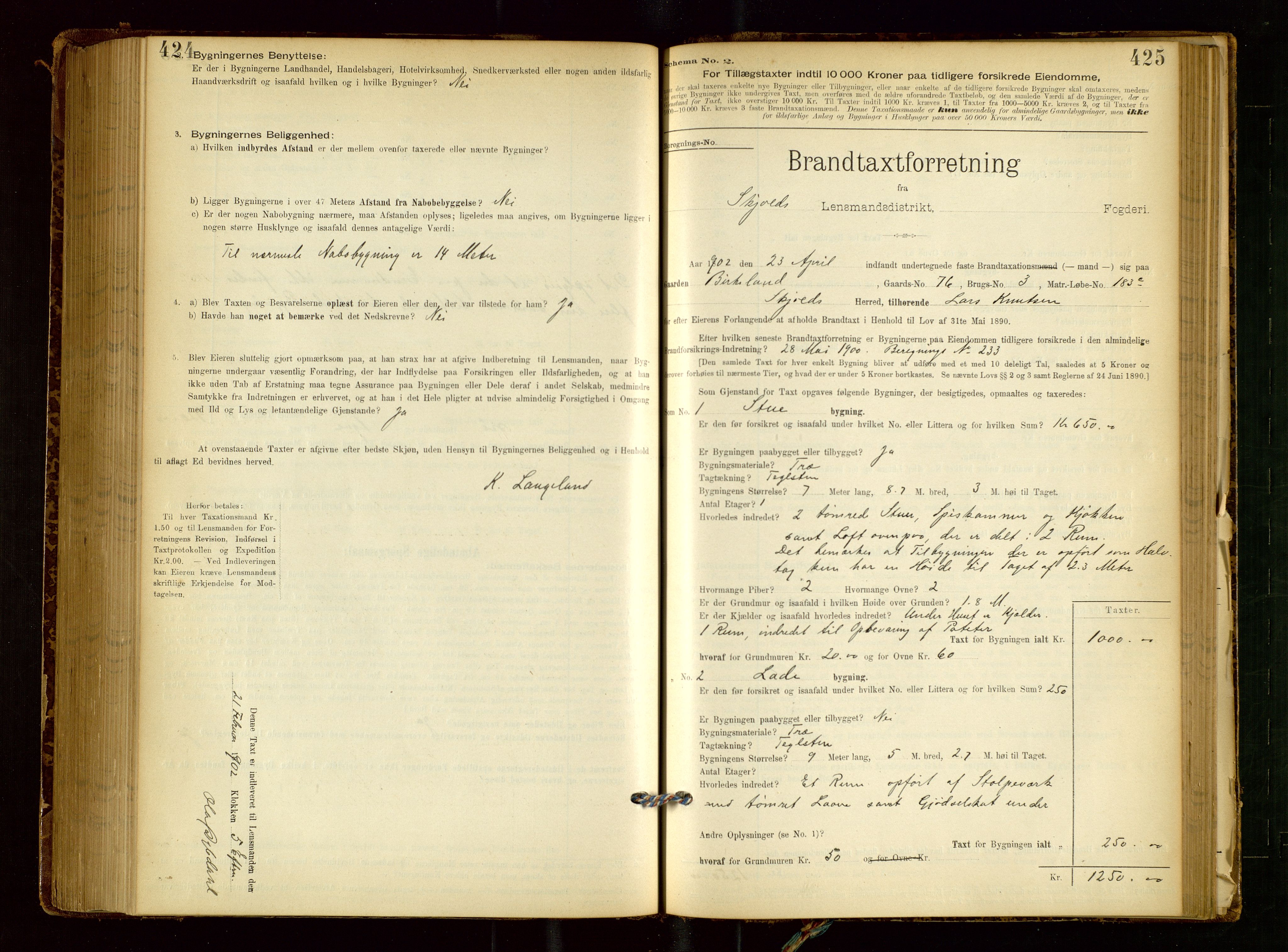 Skjold lensmannskontor, AV/SAST-A-100182/Gob/L0001: "Brandtaxationsprotokol for Skjold Lensmandsdistrikt Ryfylke Fogderi", 1894-1939, s. 424-425