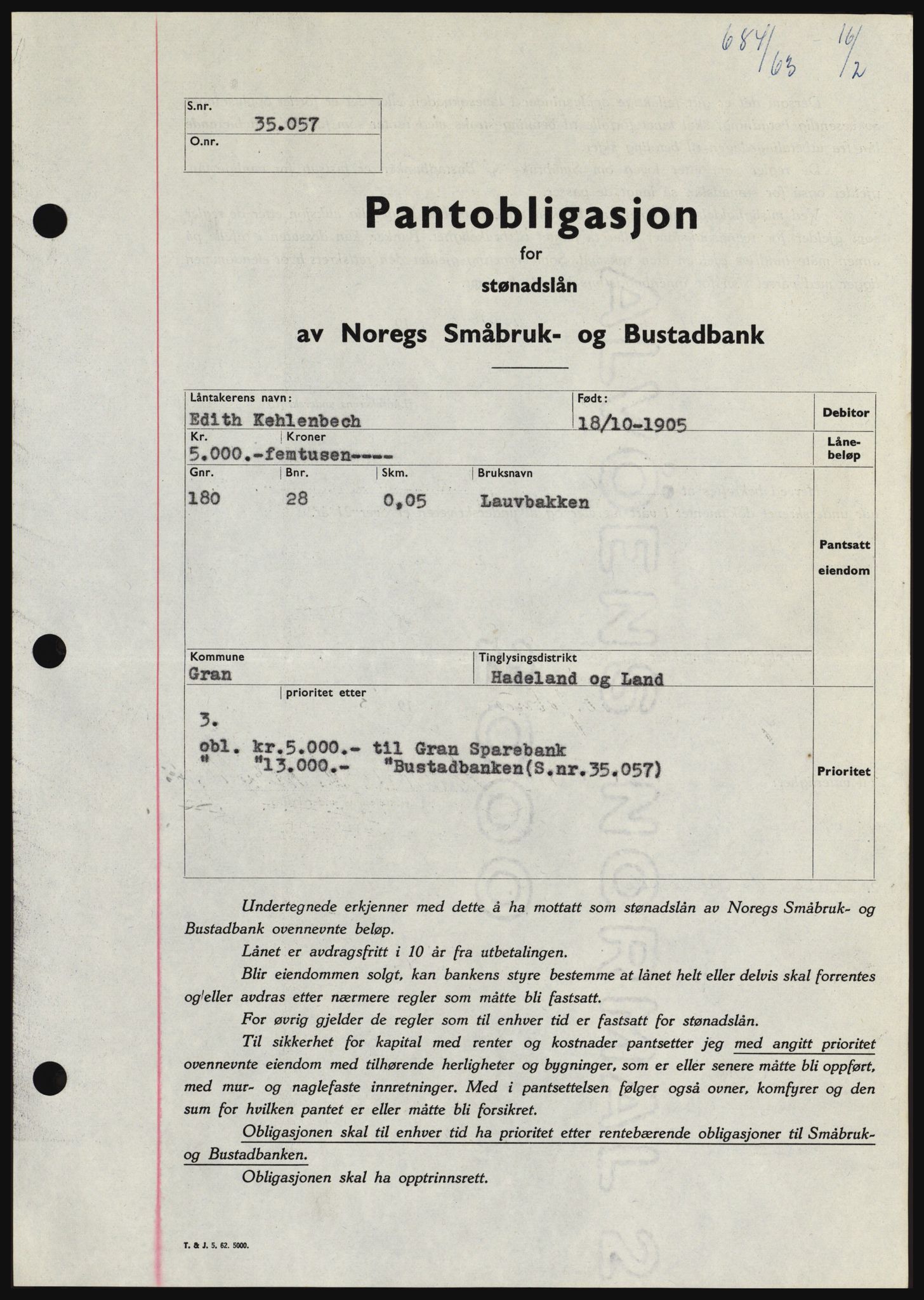 Hadeland og Land tingrett, SAH/TING-010/H/Hb/Hbc/L0050: Pantebok nr. B50, 1962-1963, Dagboknr: 684/1963