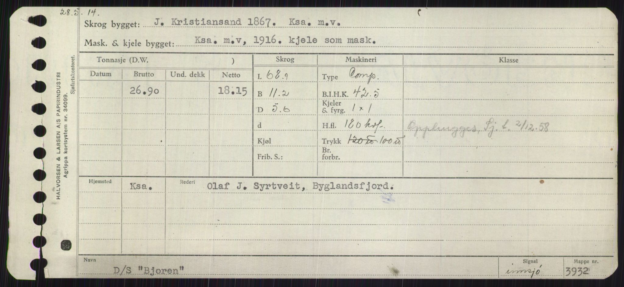 Sjøfartsdirektoratet med forløpere, Skipsmålingen, RA/S-1627/H/Ha/L0001/0001: Fartøy, A-Eig / Fartøy A-Bjøn, s. 951