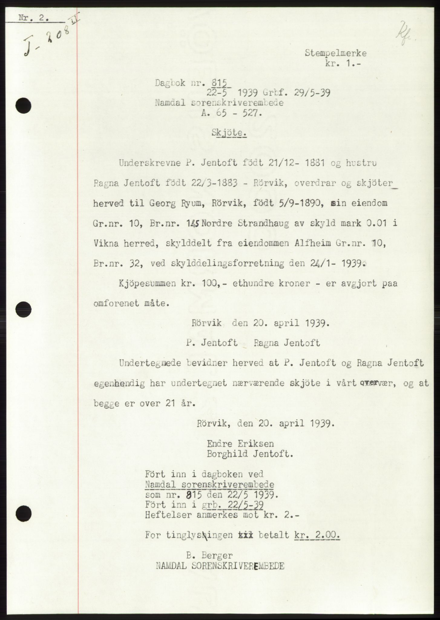 Namdal sorenskriveri, SAT/A-4133/1/2/2C: Pantebok nr. -, 1937-1939, Tingl.dato: 22.05.1939