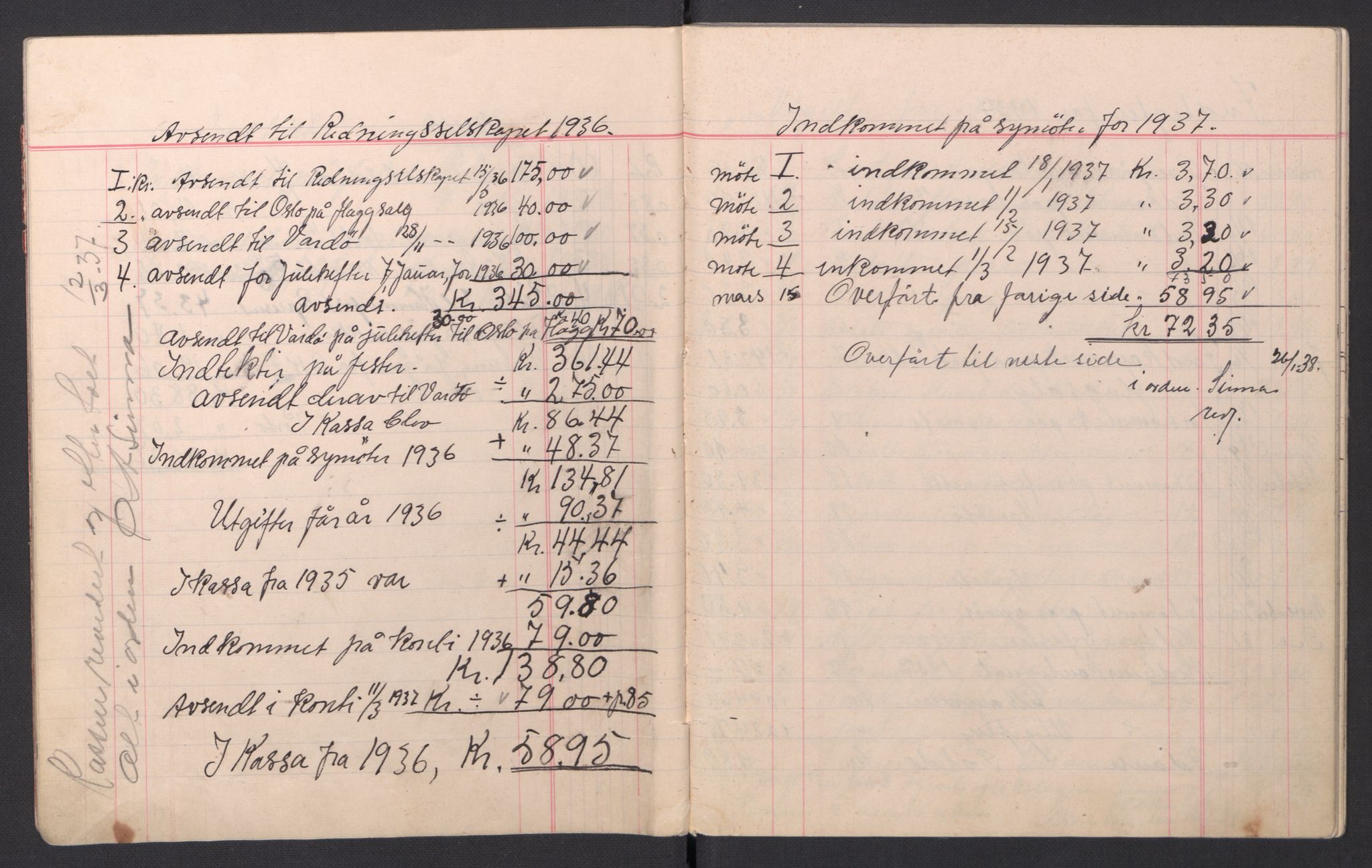 Redningsselskapet (NSSR), AV/RA-PA-1393/2/I/Ib/L0001/0004: Foreningsarkiver / Redningssakens kvinneforening i Bjørnevatn - Kassabok, 1930-1958