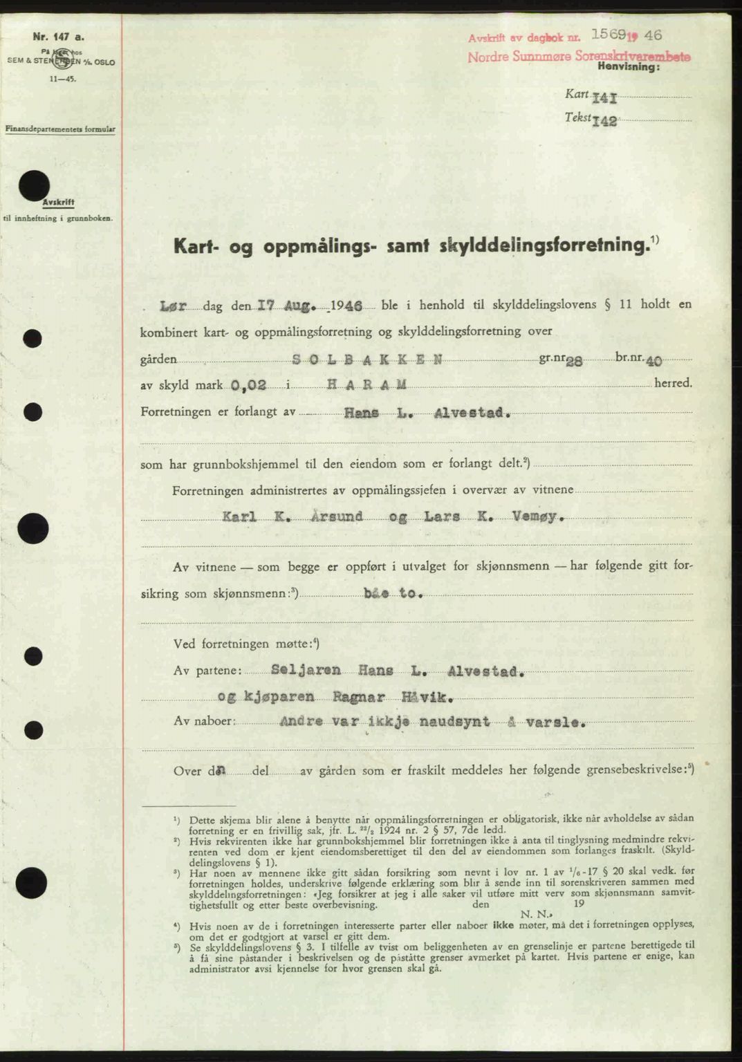 Nordre Sunnmøre sorenskriveri, SAT/A-0006/1/2/2C/2Ca: Pantebok nr. A22, 1946-1946, Dagboknr: 1569/1946