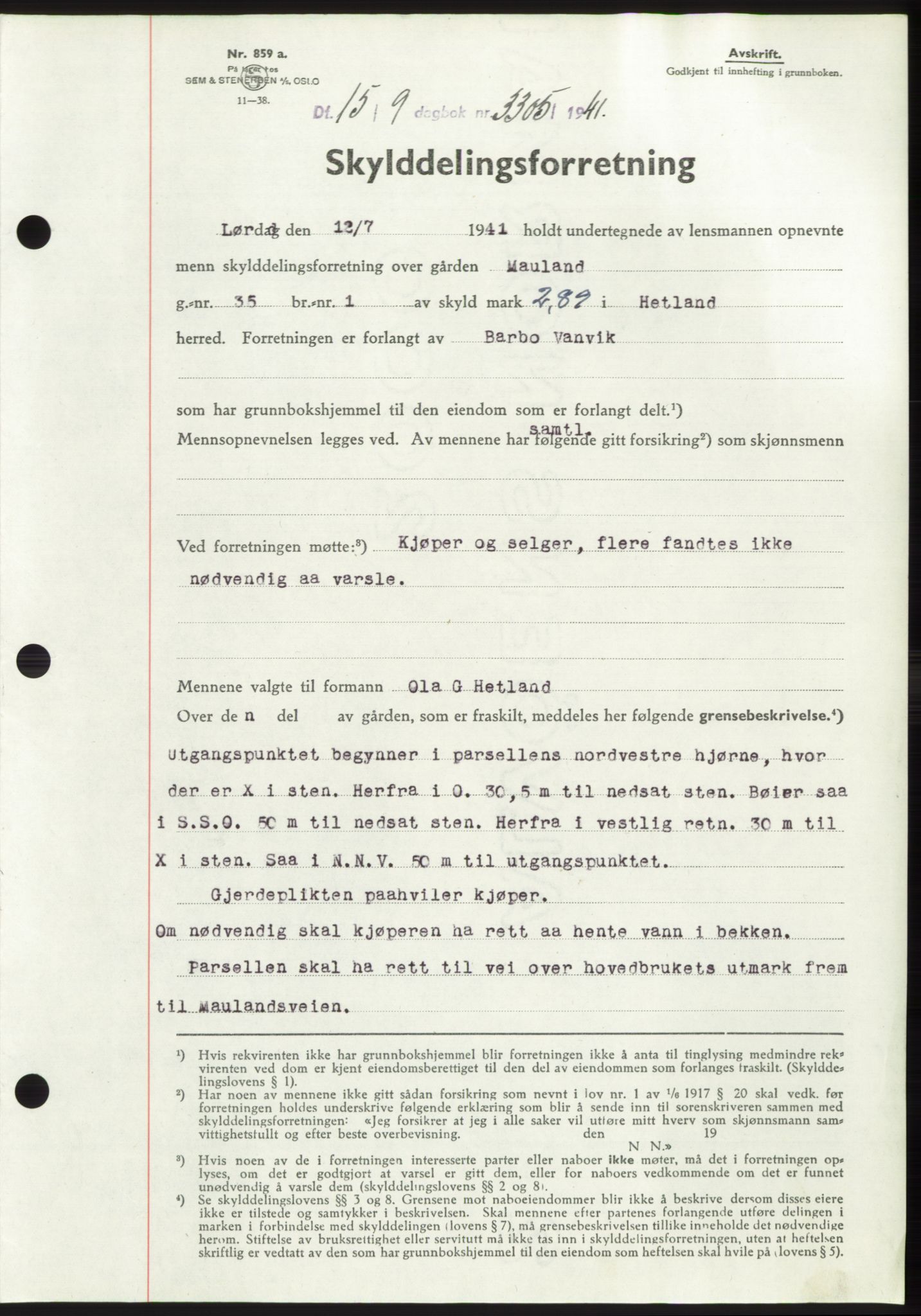 Jæren sorenskriveri, SAST/A-100310/03/G/Gba/L0081: Pantebok, 1941-1941, Dagboknr: 3305/1941