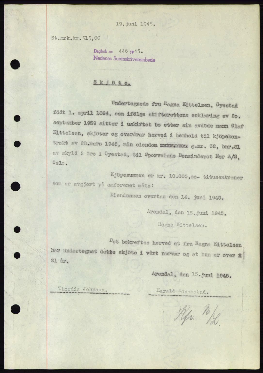 Nedenes sorenskriveri, SAK/1221-0006/G/Gb/Gba/L0052: Pantebok nr. A6a, 1944-1945, Dagboknr: 446/1945