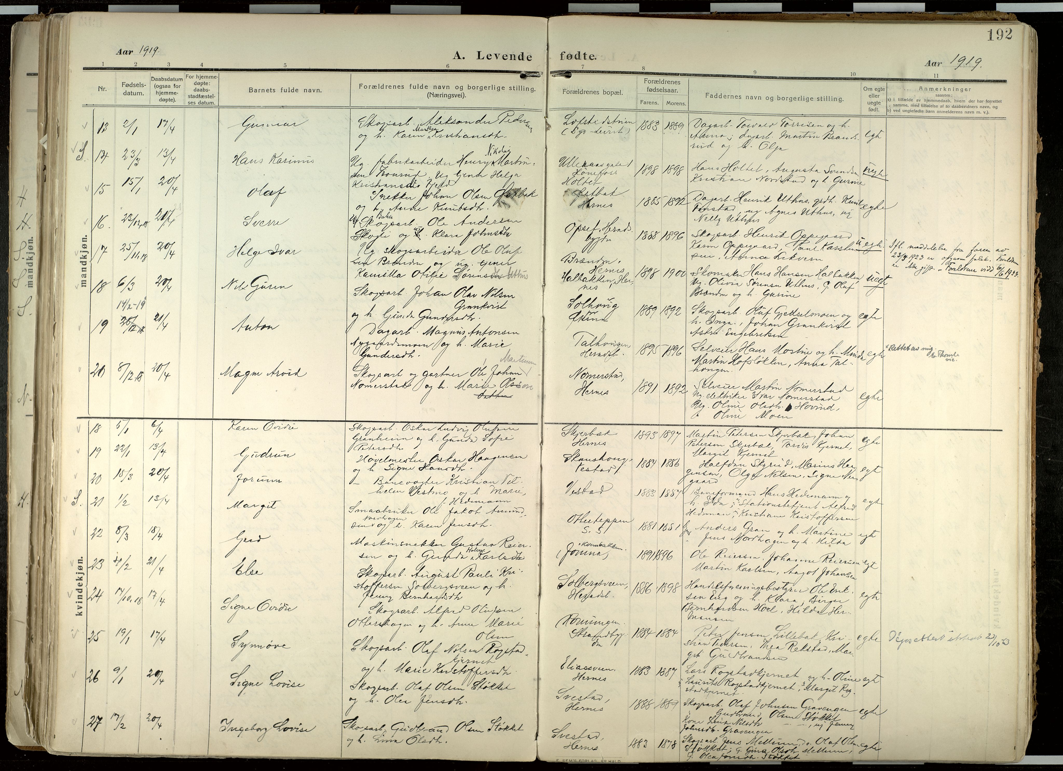 Elverum prestekontor, AV/SAH-PREST-044/H/Ha/Haa/L0020: Ministerialbok nr. 20, 1909-1921, s. 192