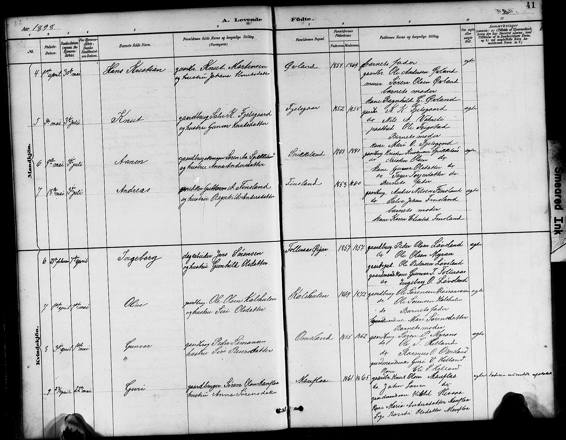 Bjelland sokneprestkontor, AV/SAK-1111-0005/F/Fb/Fbb/L0005: Klokkerbok nr. B 5, 1887-1918, s. 41