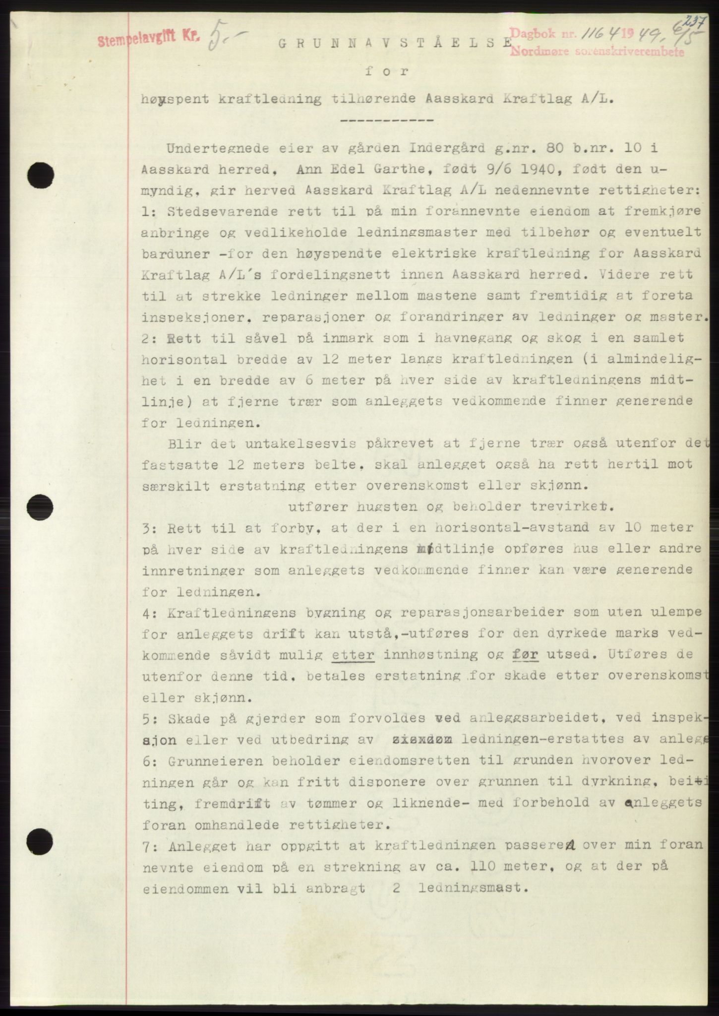 Nordmøre sorenskriveri, SAT/A-4132/1/2/2Ca: Pantebok nr. B101, 1949-1949, Dagboknr: 1164/1949