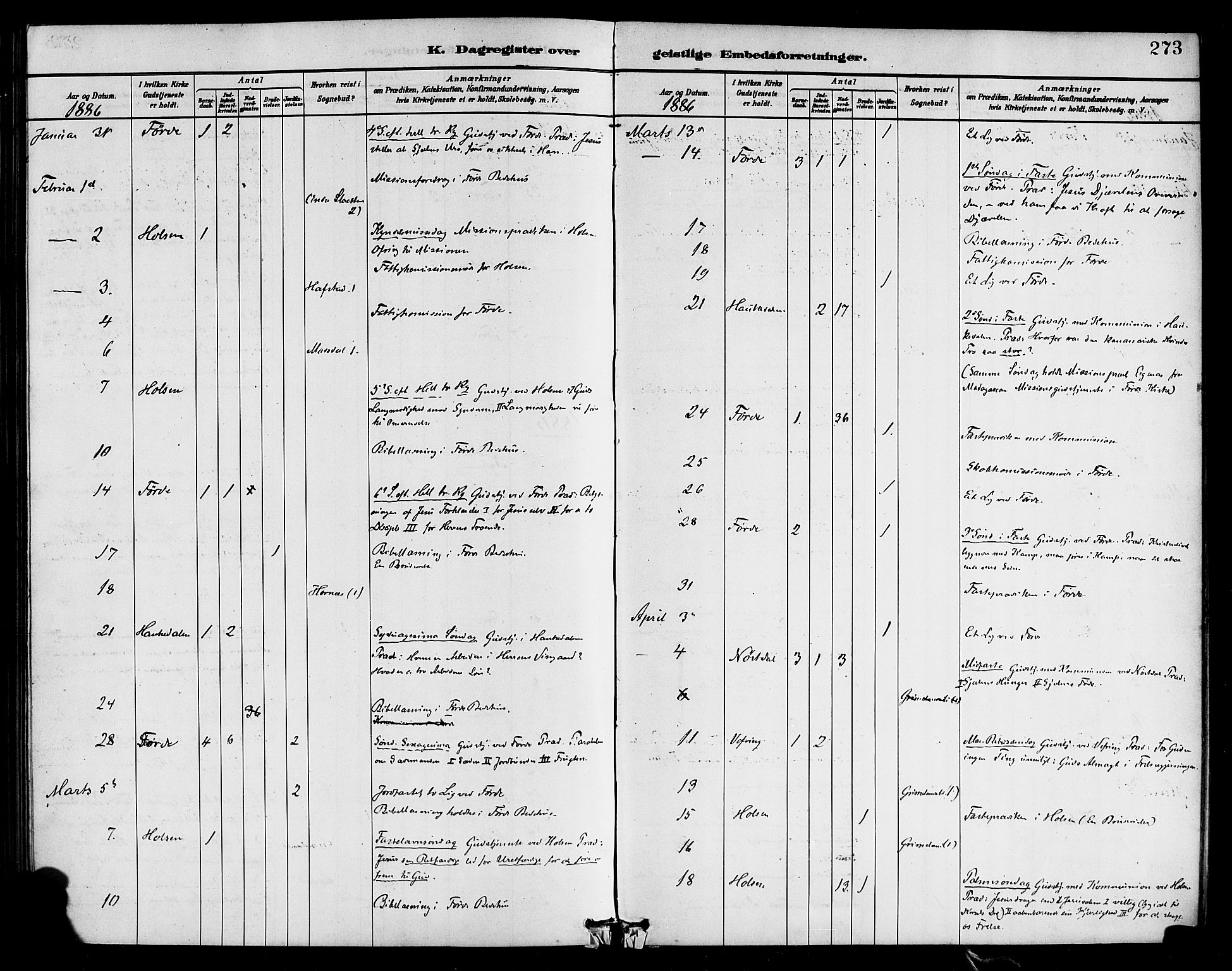 Førde sokneprestembete, AV/SAB-A-79901/H/Haa/Haab/L0001: Ministerialbok nr. B 1, 1880-1898, s. 273