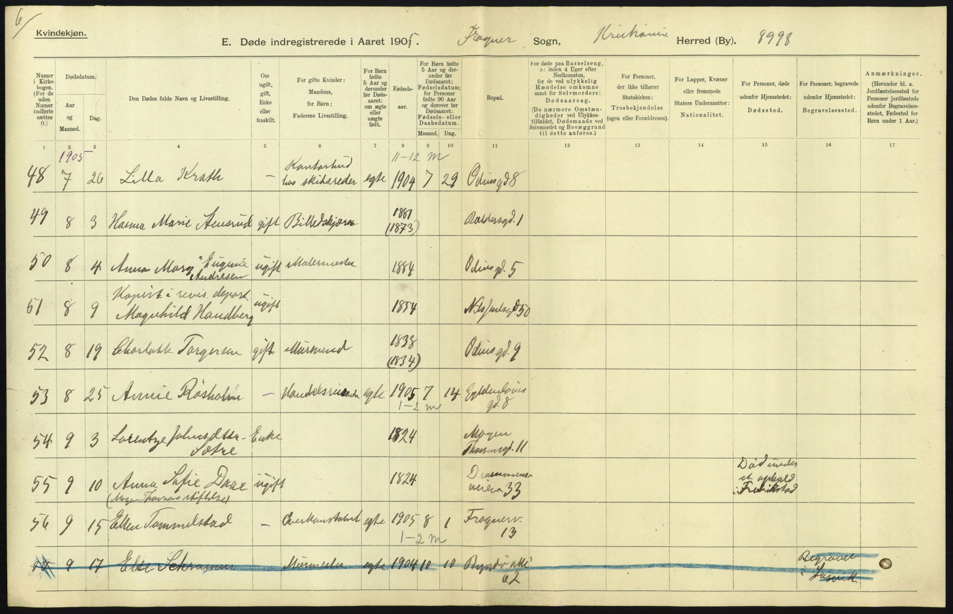 Statistisk sentralbyrå, Sosiodemografiske emner, Befolkning, AV/RA-S-2228/D/Df/Dfa/Dfac/L0007a: Kristiania: Døde, dødfødte., 1905, s. 463