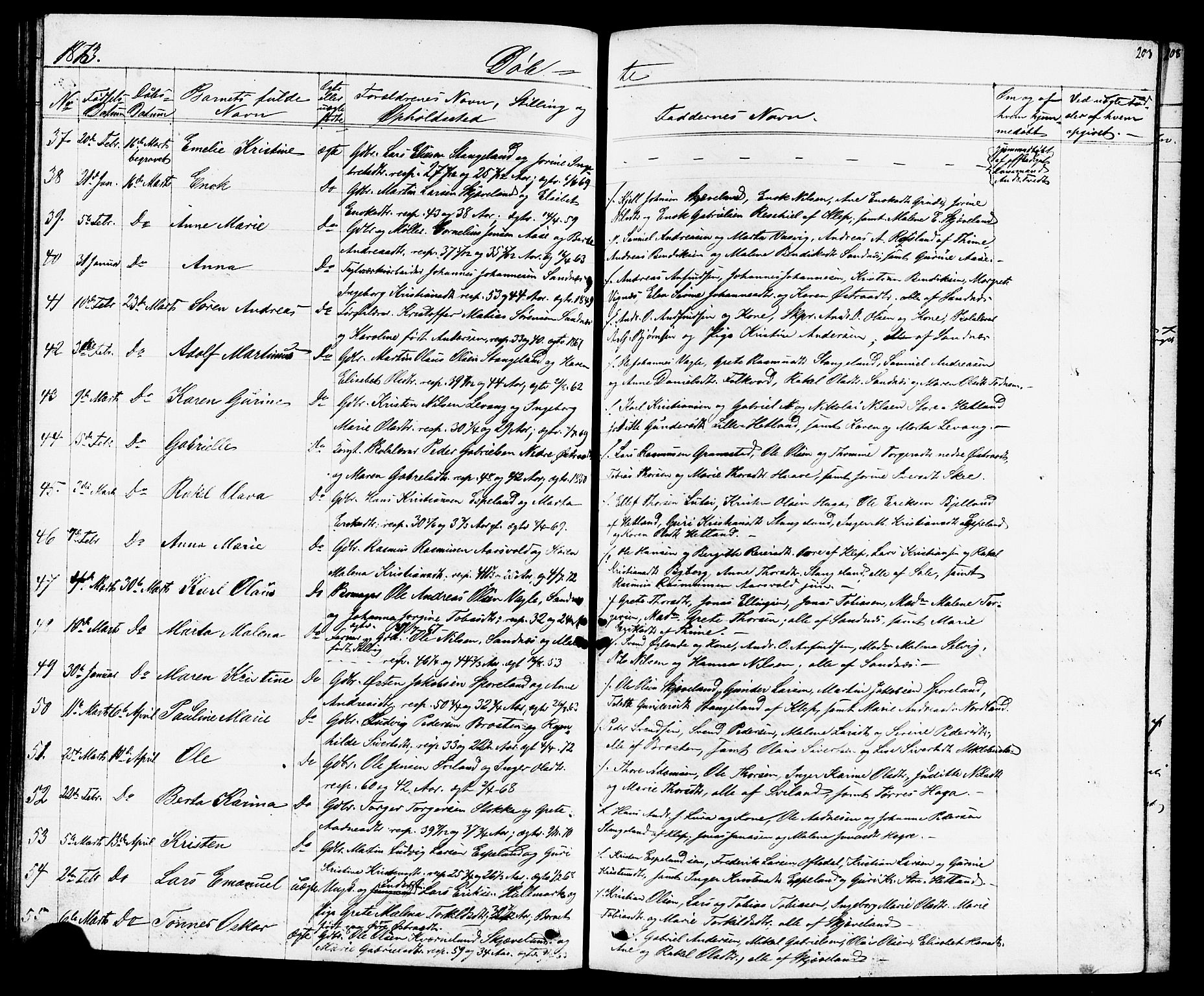 Høyland sokneprestkontor, AV/SAST-A-101799/001/30BB/L0001: Klokkerbok nr. B 1, 1854-1873, s. 203