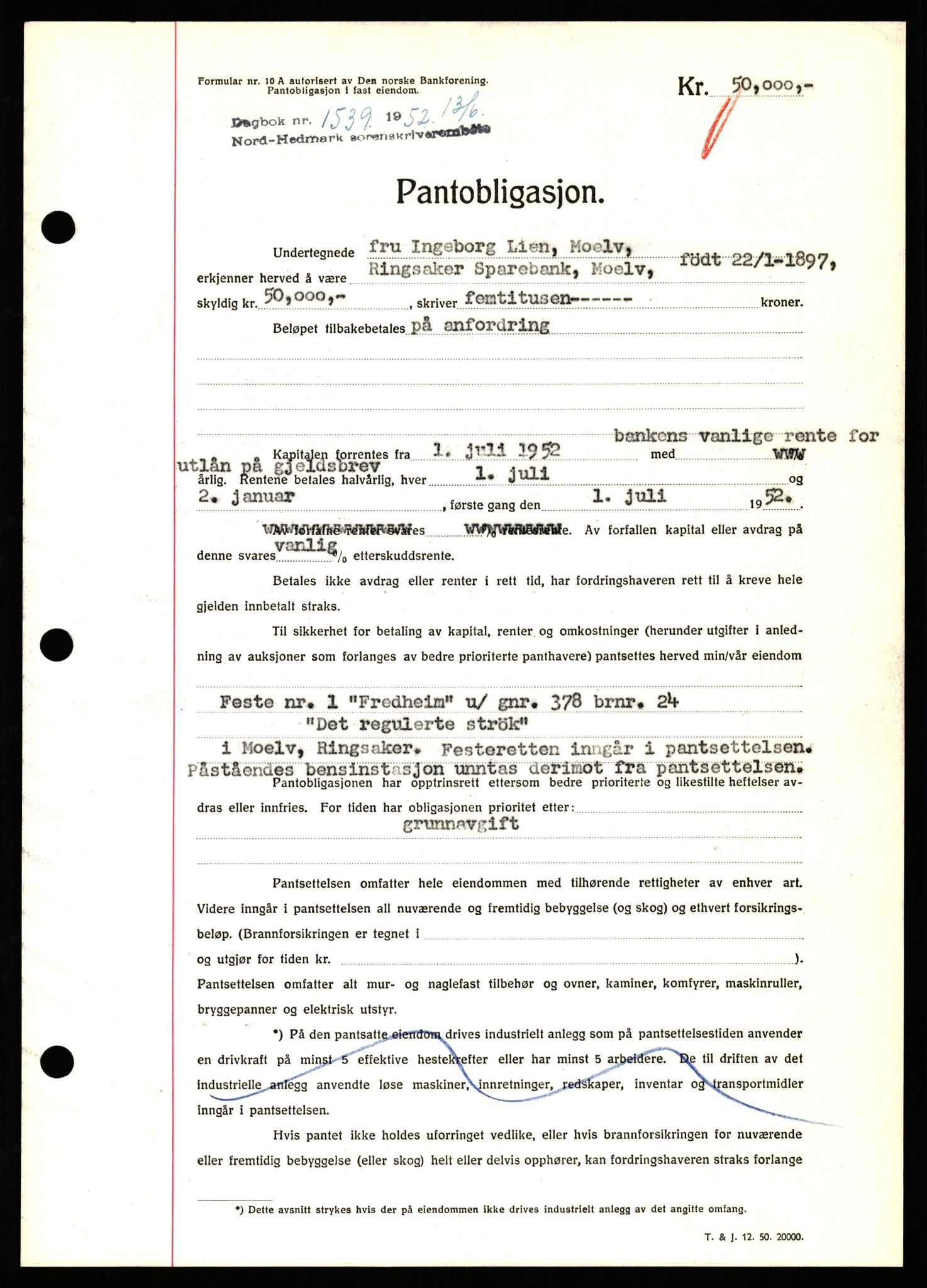 Nord-Hedmark sorenskriveri, SAH/TING-012/H/Hb/Hbf/L0025: Pantebok nr. B25, 1952-1952, Dagboknr: 1539/1952