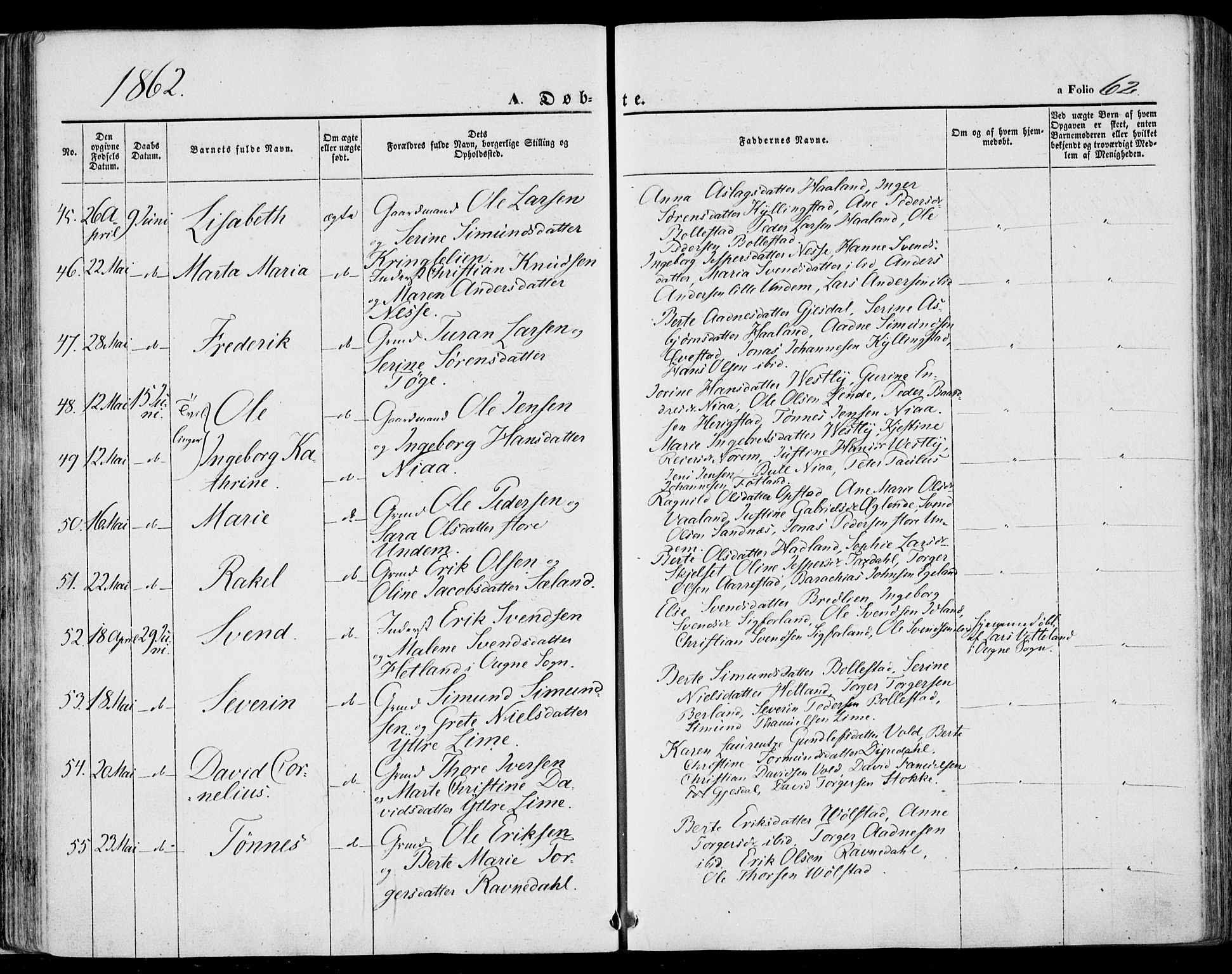 Lye sokneprestkontor, AV/SAST-A-101794/001/30BA/L0007: Ministerialbok nr. A 6, 1856-1871, s. 62
