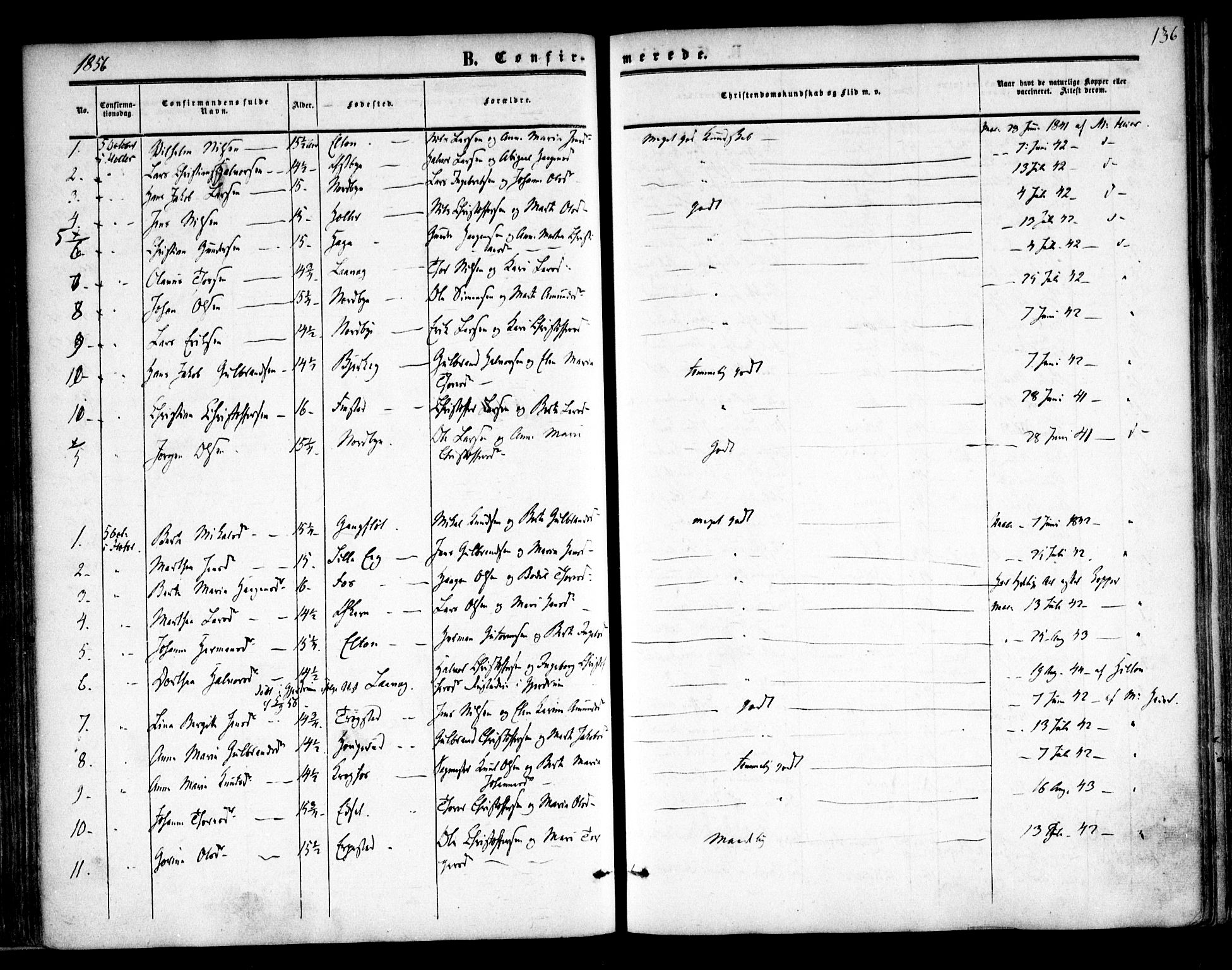Nannestad prestekontor Kirkebøker, AV/SAO-A-10414a/F/Fa/L0011: Ministerialbok nr. I 11, 1850-1859, s. 136