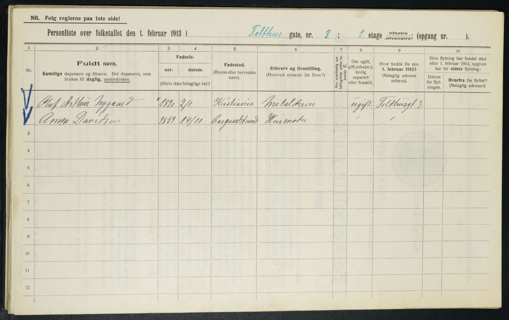 OBA, Kommunal folketelling 1.2.1913 for Kristiania, 1913, s. 107594