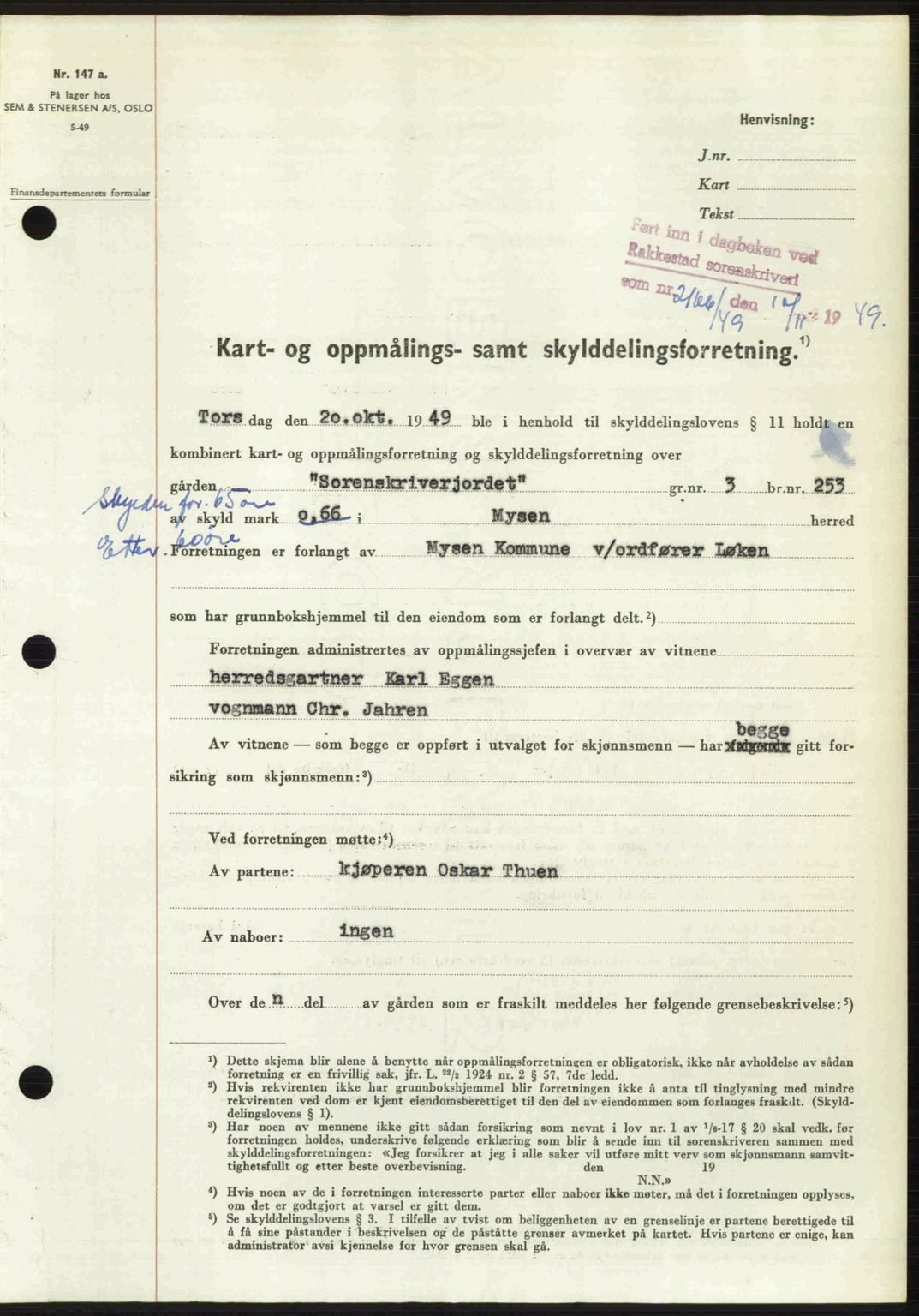 Rakkestad sorenskriveri, SAO/A-10686/G/Gb/Gba/Gbab/L0019: Pantebok nr. A19, 1949-1950, Dagboknr: 2166/1949