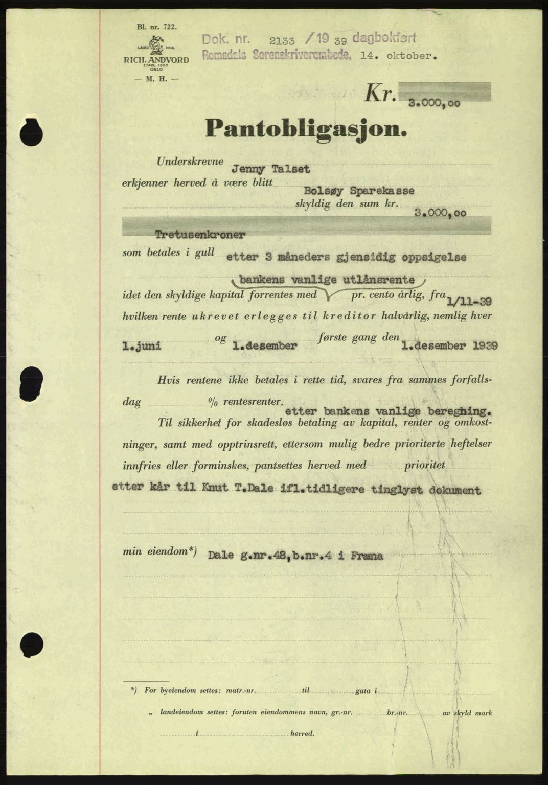 Romsdal sorenskriveri, SAT/A-4149/1/2/2C: Pantebok nr. B2, 1939-1945, Dagboknr: 2133/1939