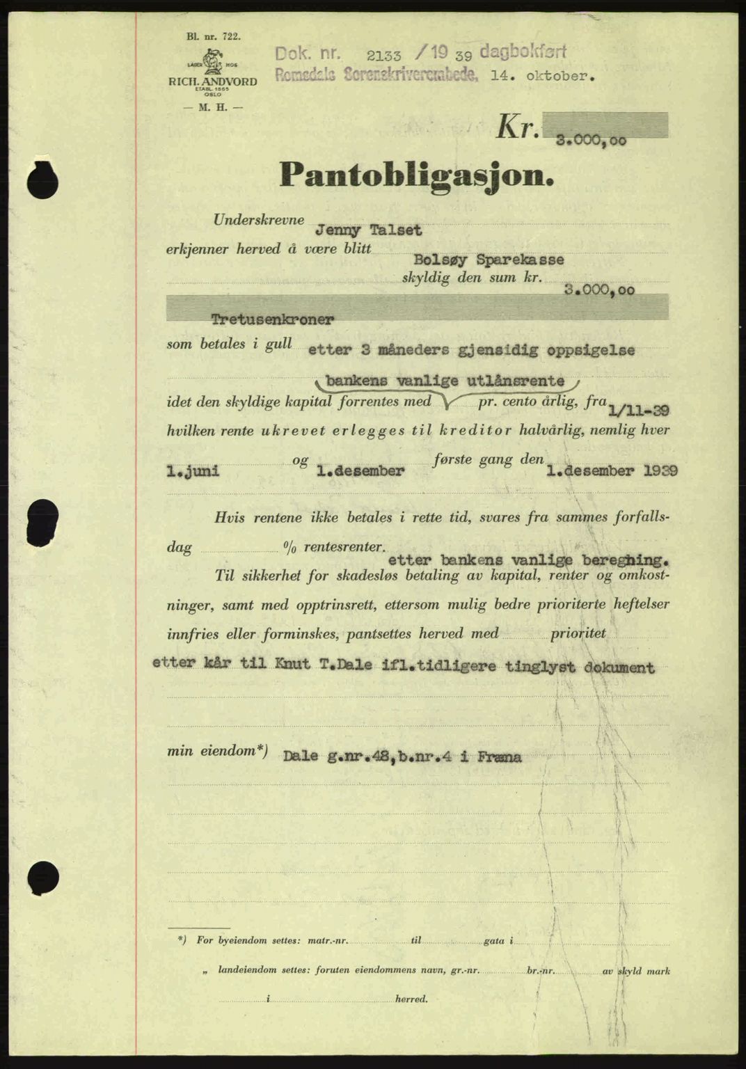 Romsdal sorenskriveri, AV/SAT-A-4149/1/2/2C: Pantebok nr. B2, 1939-1945, Dagboknr: 2133/1939