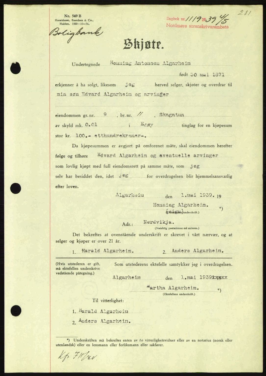 Nordmøre sorenskriveri, SAT/A-4132/1/2/2Ca: Pantebok nr. A86, 1939-1939, Dagboknr: 1119/1939