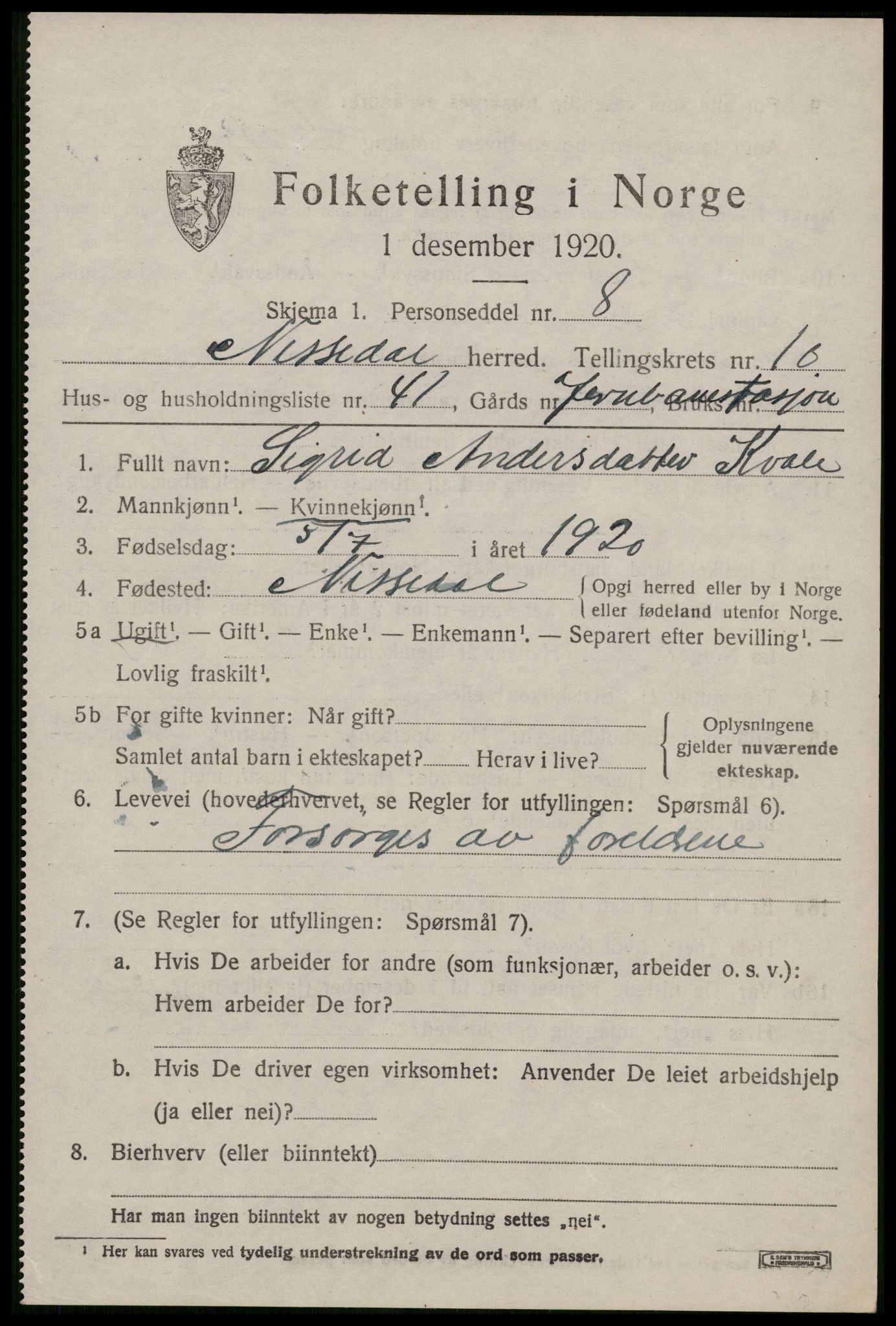 SAKO, Folketelling 1920 for 0830 Nissedal herred, 1920, s. 4387