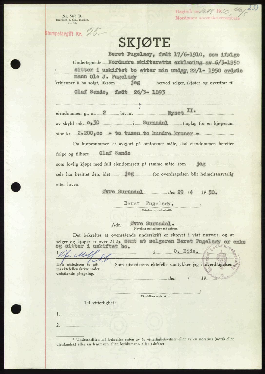 Nordmøre sorenskriveri, SAT/A-4132/1/2/2Ca: Pantebok nr. A115, 1950-1950, Dagboknr: 1644/1950