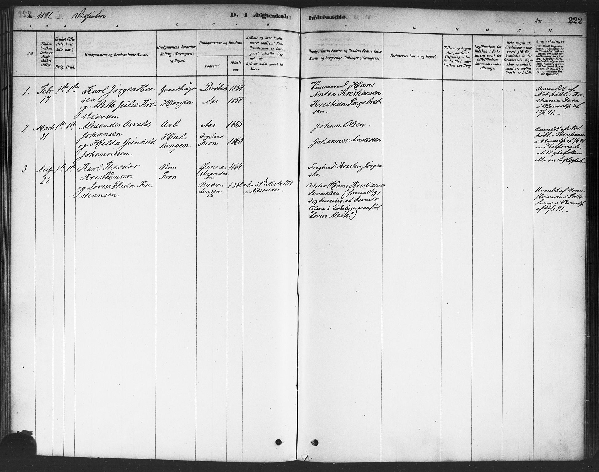 Drøbak prestekontor Kirkebøker, AV/SAO-A-10142a/F/Fc/L0002: Ministerialbok nr. III 2, 1878-1891, s. 222