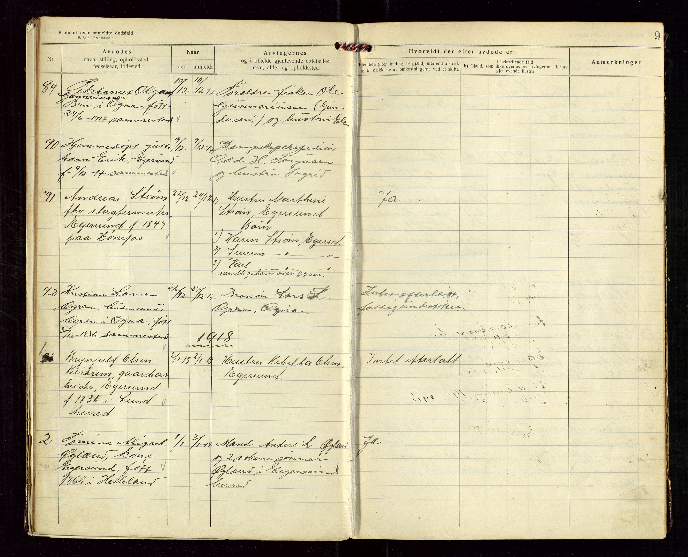 Eigersund lensmannskontor, AV/SAST-A-100171/Gga/L0007: "Protokol over anmeldte dødsfald" m/alfabetisk navneregister, 1917-1920, s. 9