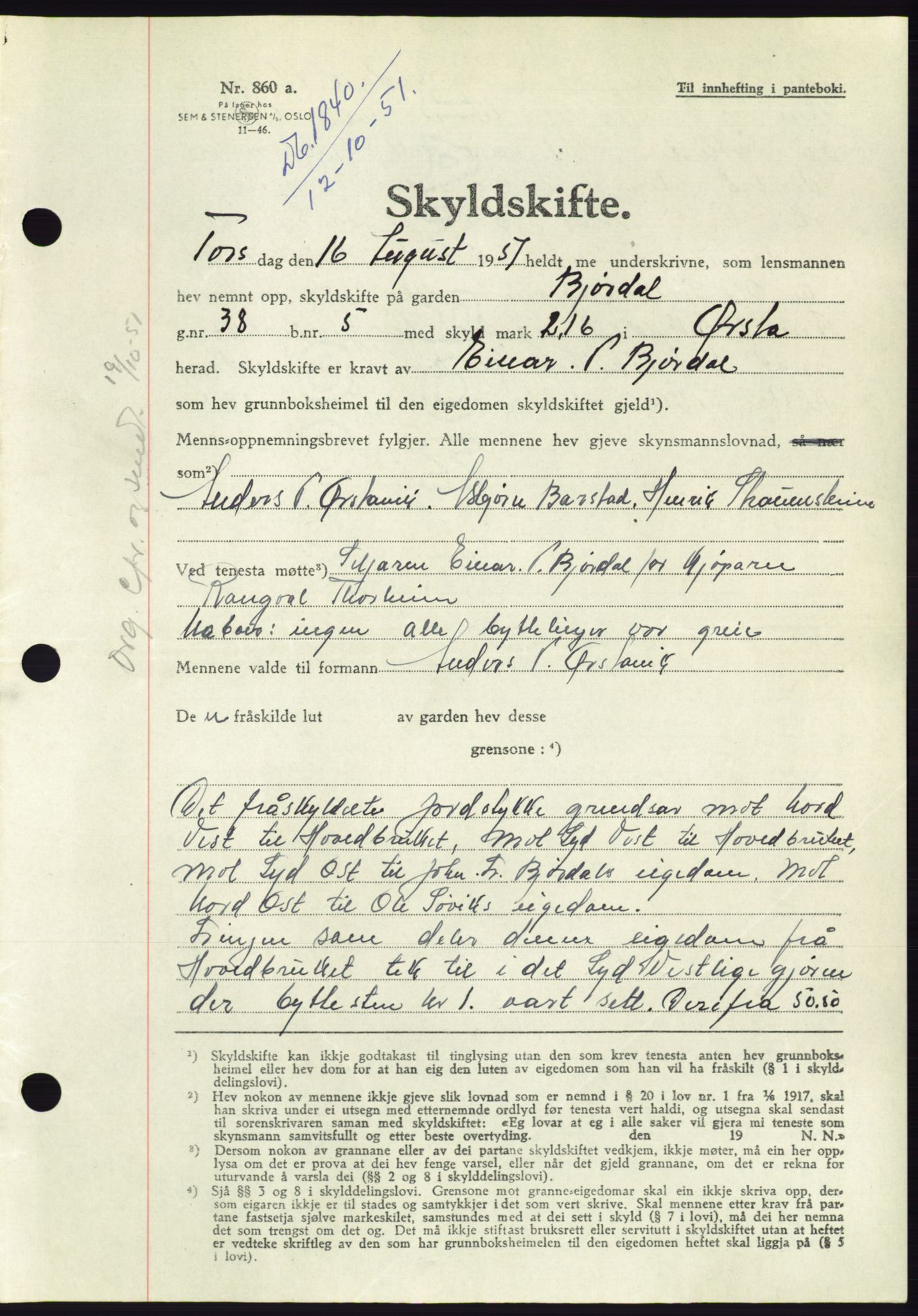 Søre Sunnmøre sorenskriveri, AV/SAT-A-4122/1/2/2C/L0090: Pantebok nr. 16A, 1951-1951, Dagboknr: 1840/1951