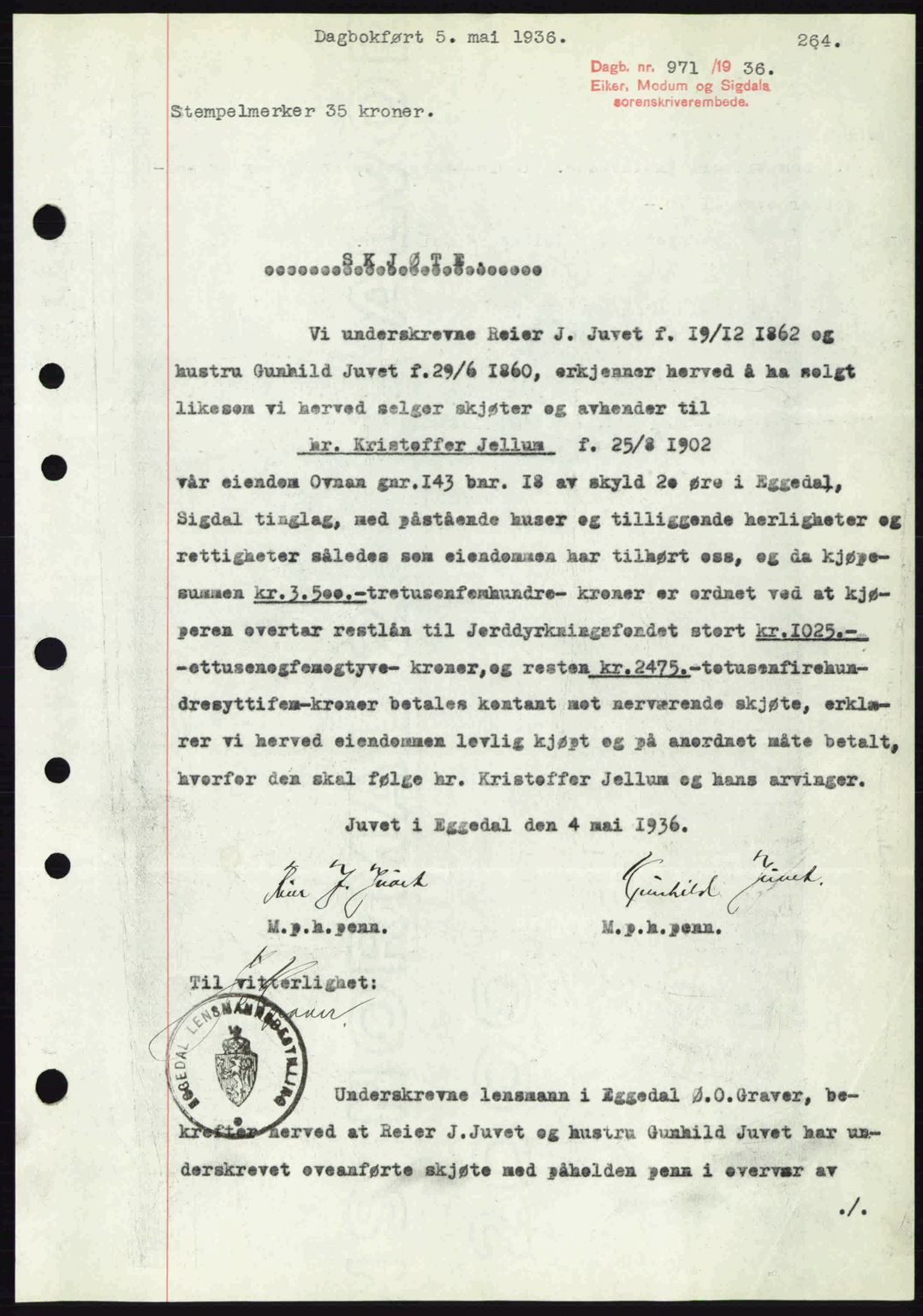 Eiker, Modum og Sigdal sorenskriveri, SAKO/A-123/G/Ga/Gab/L0032: Pantebok nr. A2, 1936-1936, Dagboknr: 971/1936