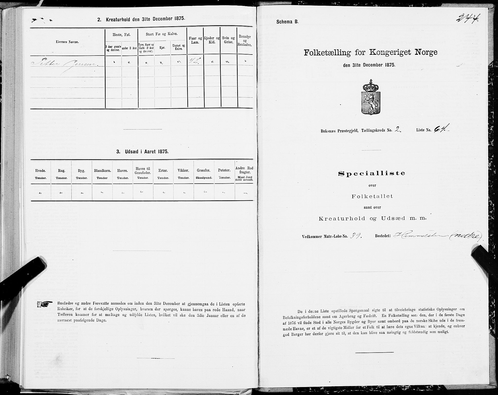 SAT, Folketelling 1875 for 1860P Buksnes prestegjeld, 1875, s. 1244