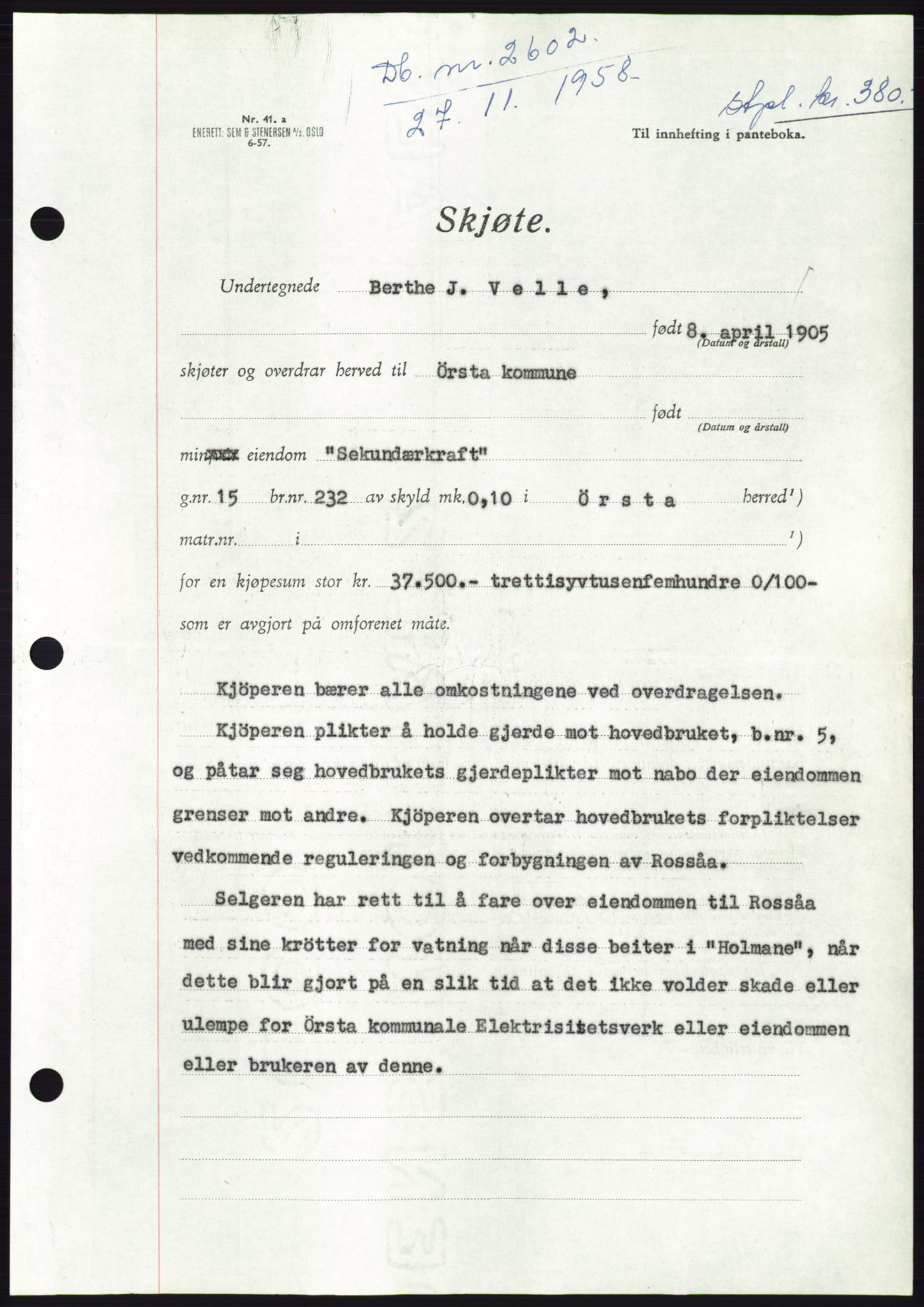 Søre Sunnmøre sorenskriveri, SAT/A-4122/1/2/2C/L0111: Pantebok nr. 37A, 1958-1959, Dagboknr: 2602/1958