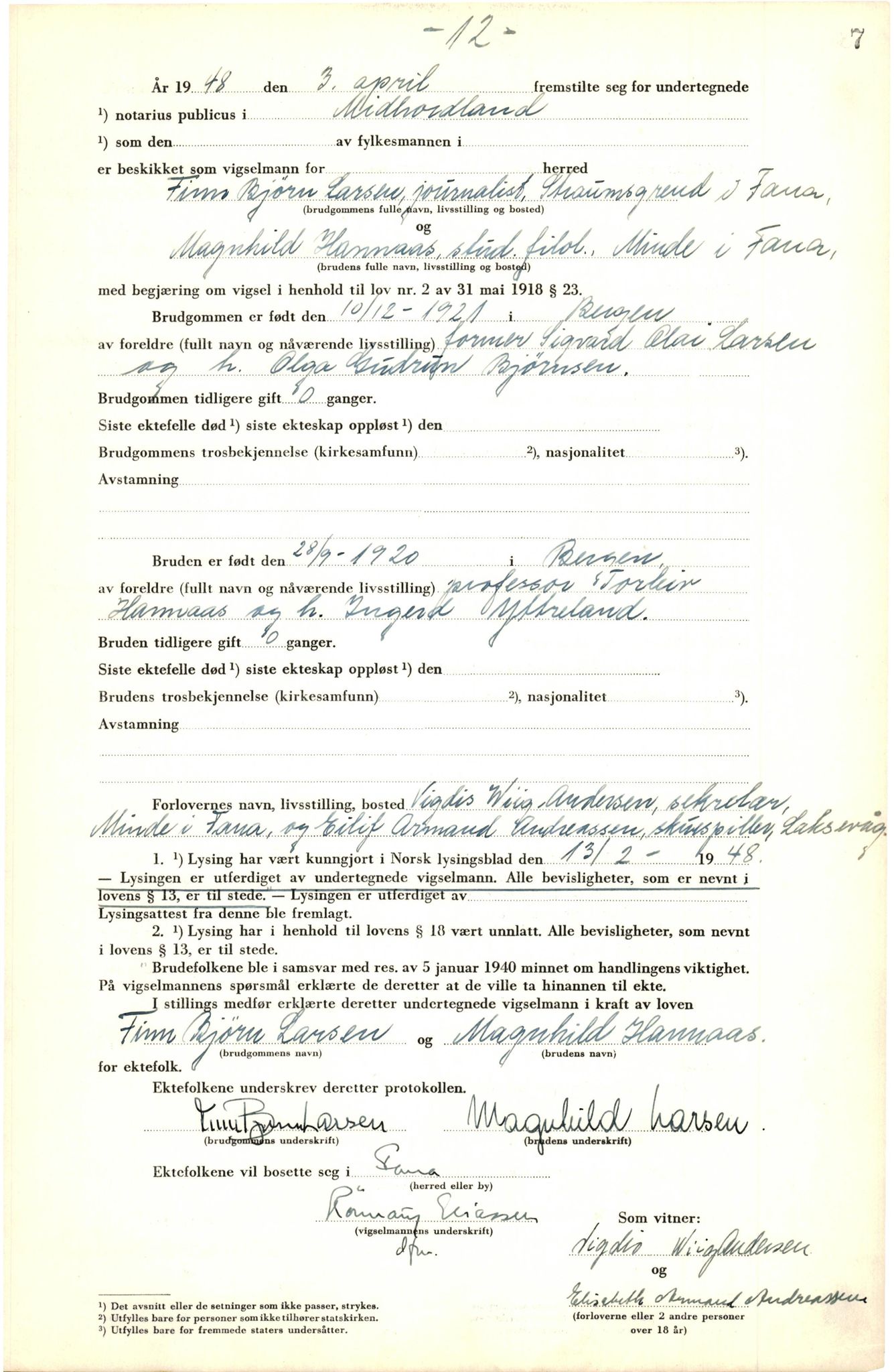 Midhordland sorenskriveri, SAB/A-3001/1/M/Mc/Mca/L0008: Vigselbok, 1948-1952, s. 7