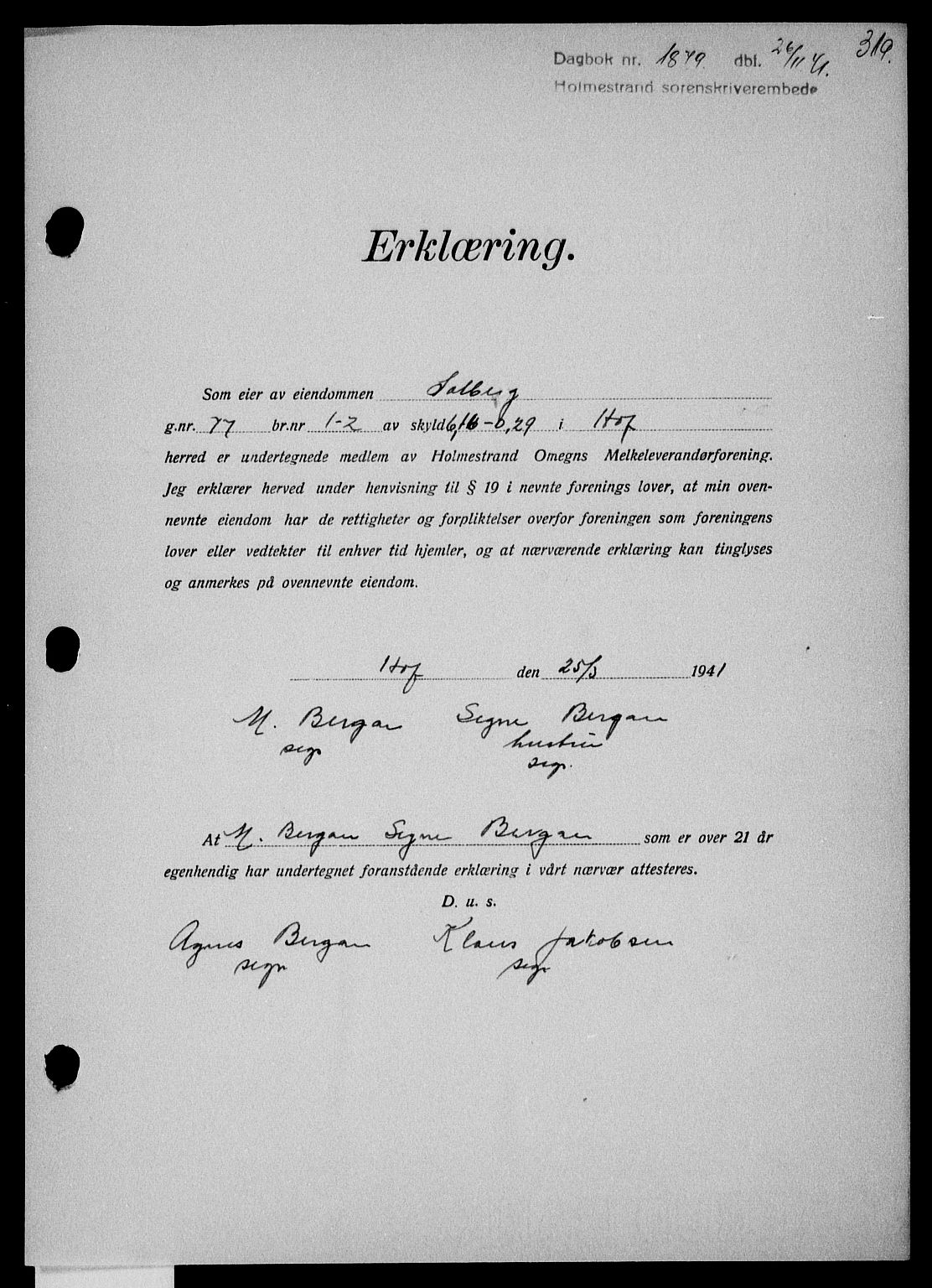 Holmestrand sorenskriveri, SAKO/A-67/G/Ga/Gaa/L0054: Pantebok nr. A-54, 1941-1942, Dagboknr: 1879/1941