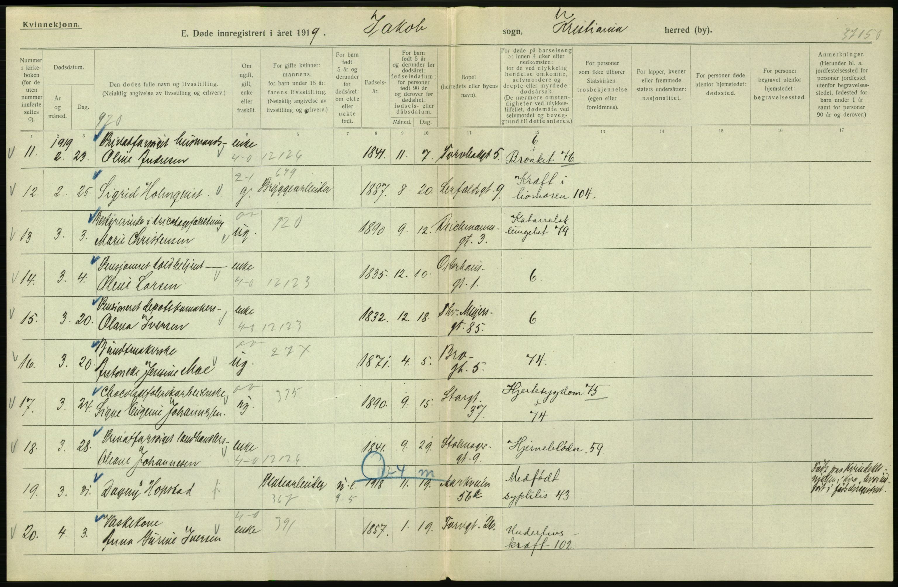 Statistisk sentralbyrå, Sosiodemografiske emner, Befolkning, RA/S-2228/D/Df/Dfb/Dfbi/L0011: Kristiania: Døde, dødfødte, 1919