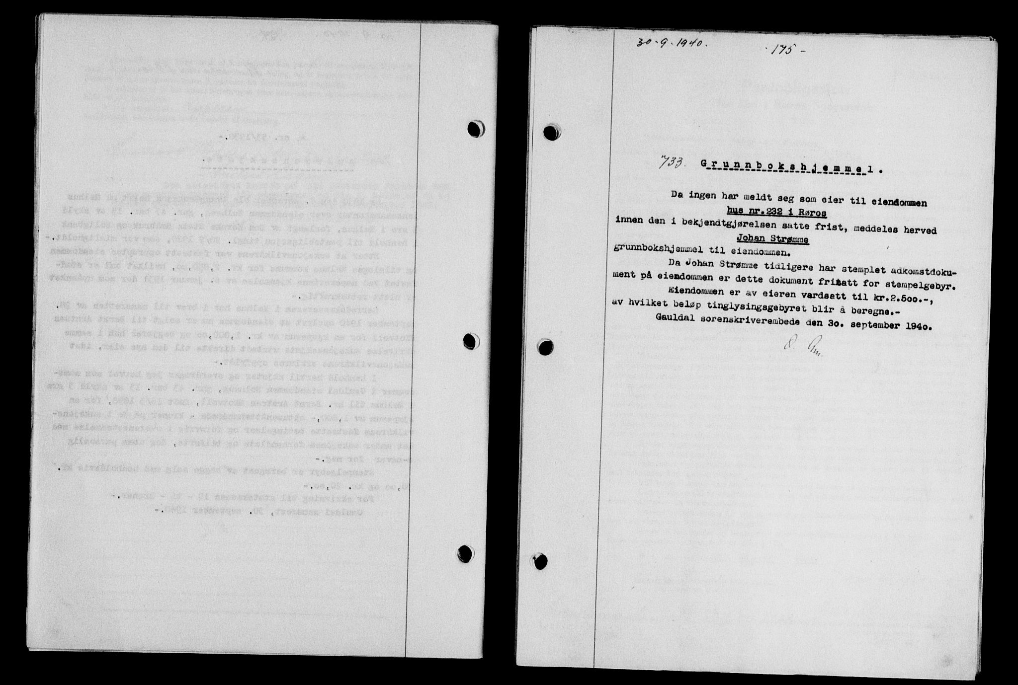 Gauldal sorenskriveri, SAT/A-0014/1/2/2C/L0052: Pantebok nr. 57, 1940-1941, Dagboknr: 733/1940