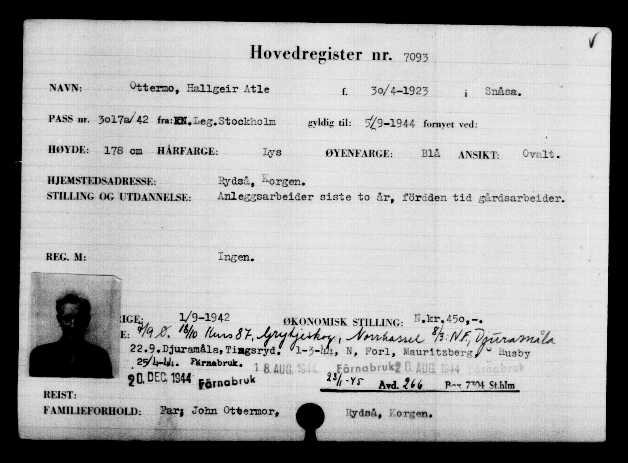 Utenriksstasjonene, Legasjonen i Stockholm, Flyktningkontoret, AV/RA-S-6753/V/Va/L0005: Kjesäterkartoteket, flyktning nr. 6600-9417, 1940-1945, s. 593