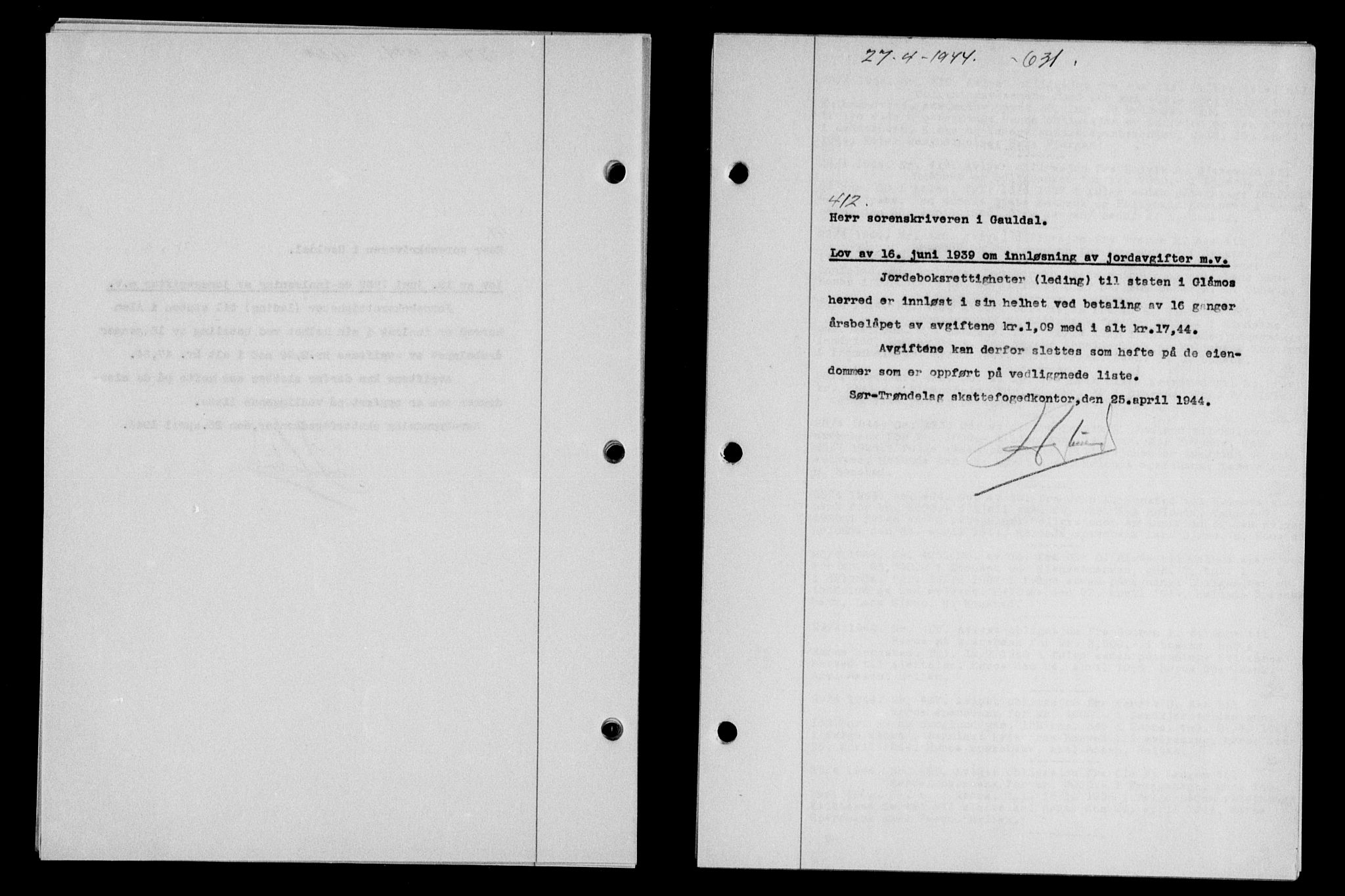 Gauldal sorenskriveri, SAT/A-0014/1/2/2C/L0057: Pantebok nr. 62, 1943-1944, Dagboknr: 412/1944
