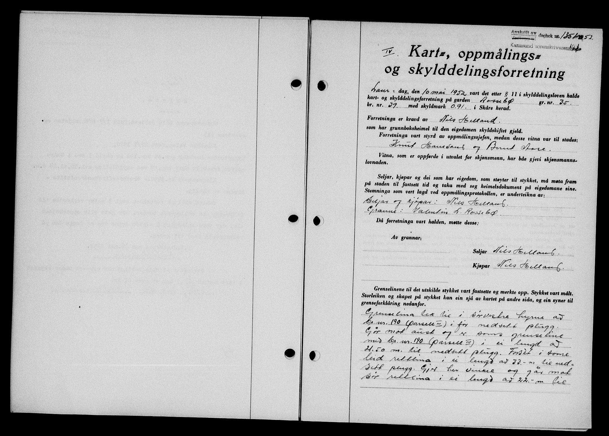 Karmsund sorenskriveri, SAST/A-100311/01/II/IIB/L0105: Pantebok nr. 85A, 1952-1952, Dagboknr: 1351/1952