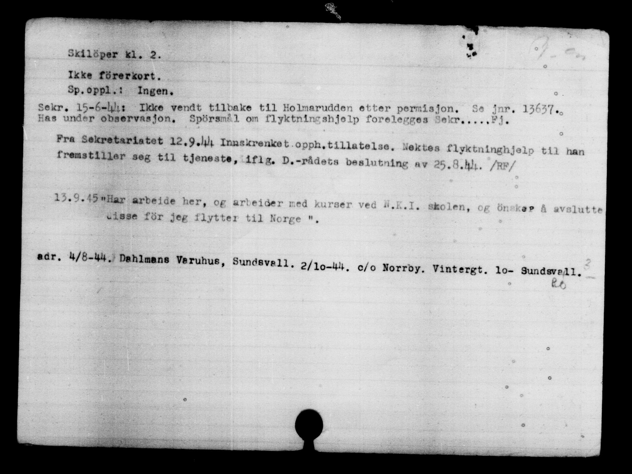 Den Kgl. Norske Legasjons Flyktningskontor, AV/RA-S-6753/V/Va/L0004: Kjesäterkartoteket.  Flyktningenr. 3496-6610, 1940-1945, s. 223