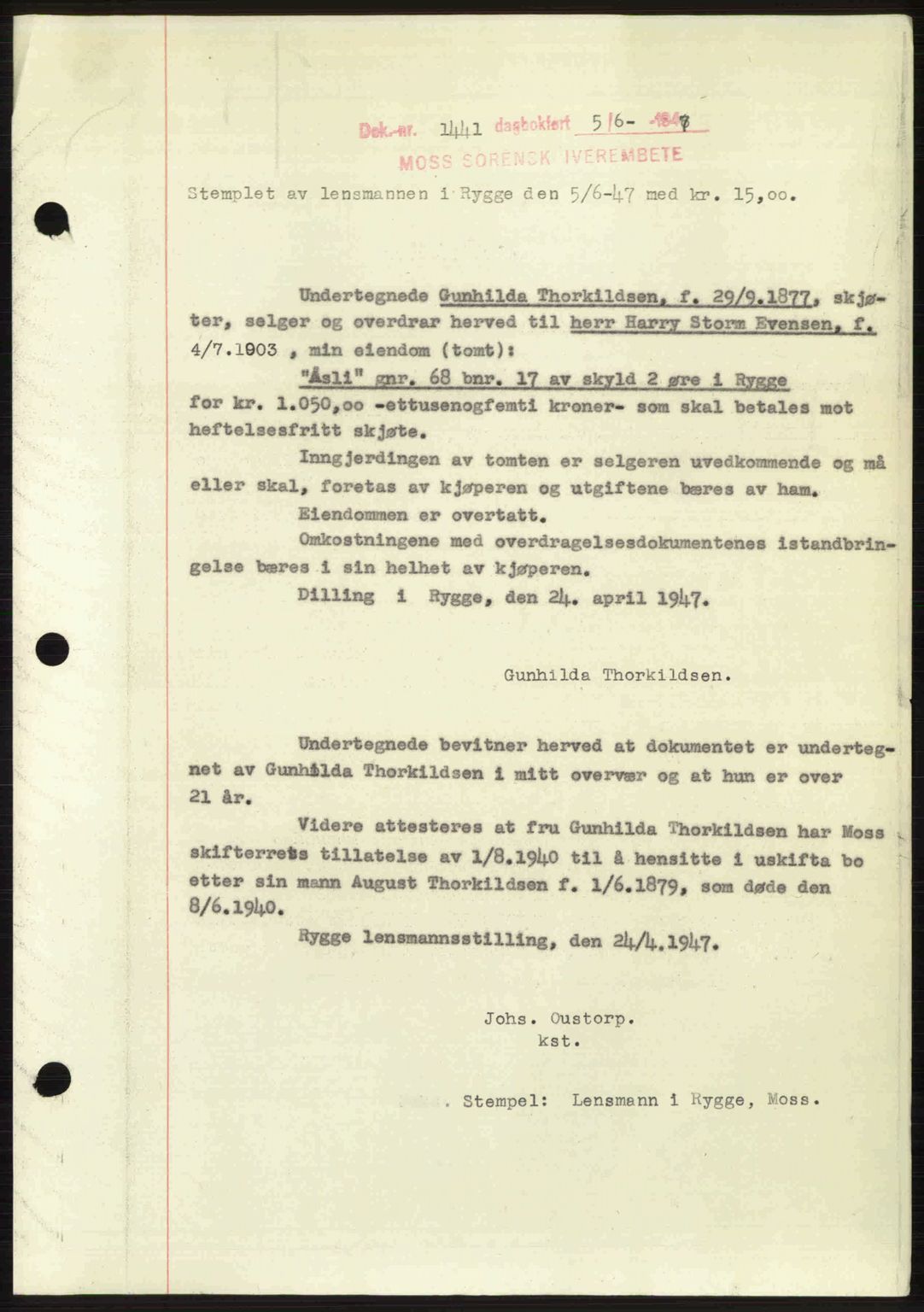 Moss sorenskriveri, SAO/A-10168: Pantebok nr. A17, 1947-1947, Dagboknr: 1441/1947